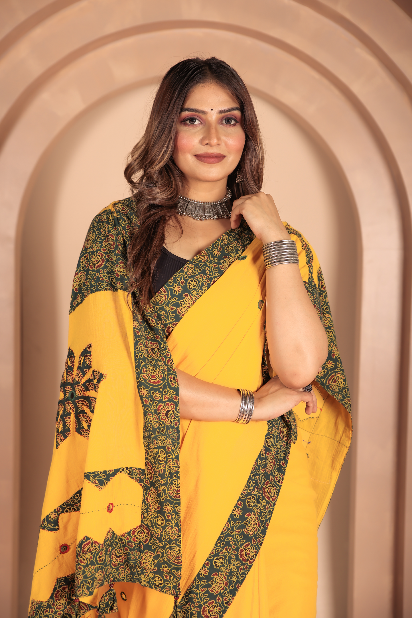 Ajrakh Patch Work Yellow Cotton MulMul Saree