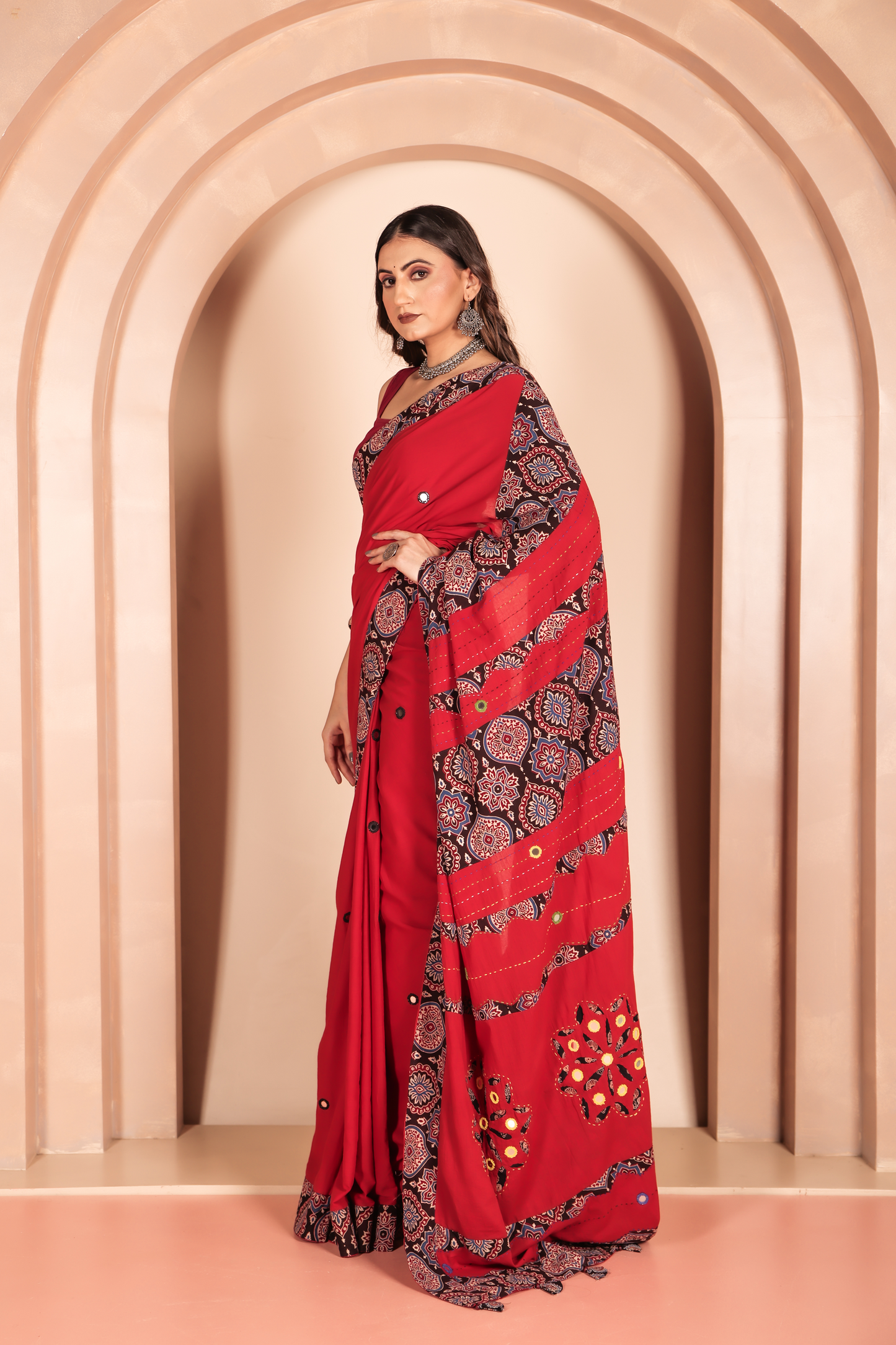 Ajrakh Patch Work Red Cotton MulMul Saree