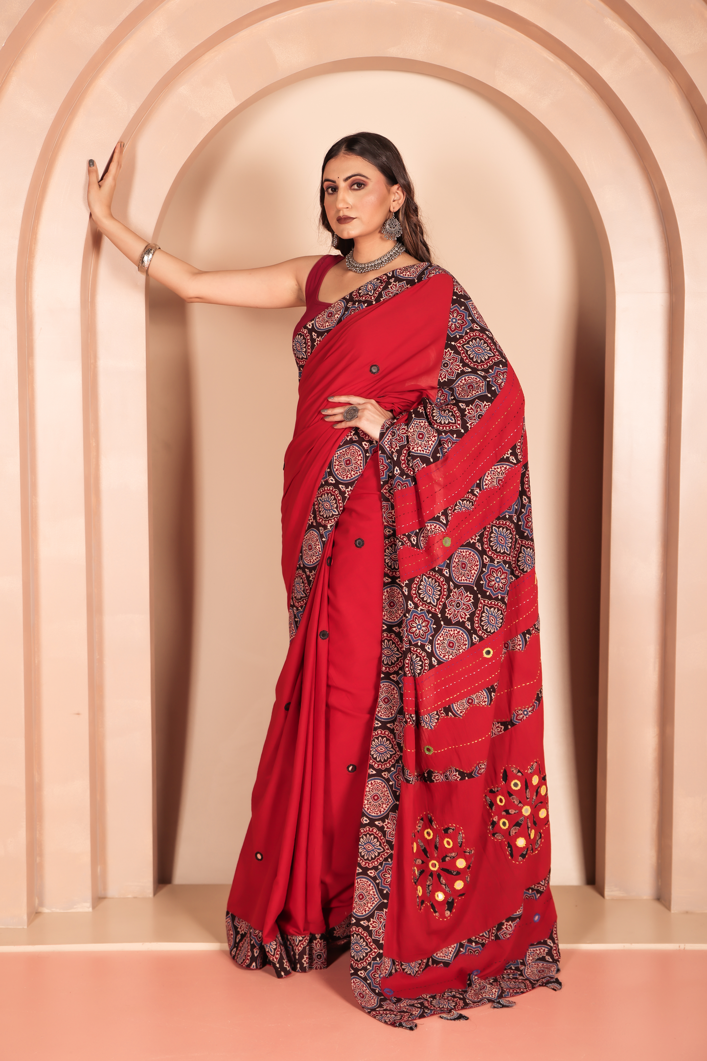 Ajrakh Patch Work Red Cotton MulMul Saree