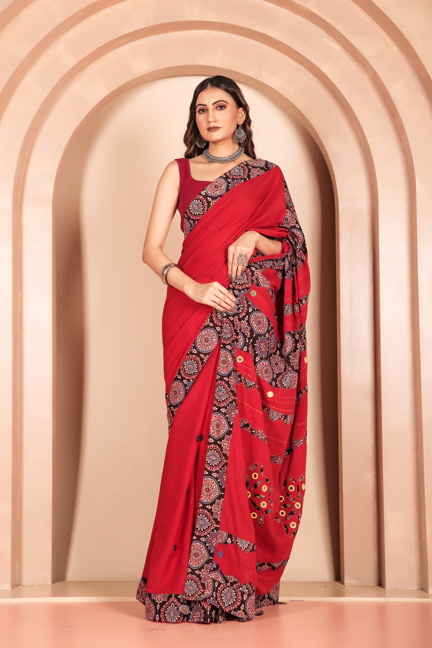Ajrakh Patch Work Red Cotton MulMul Saree