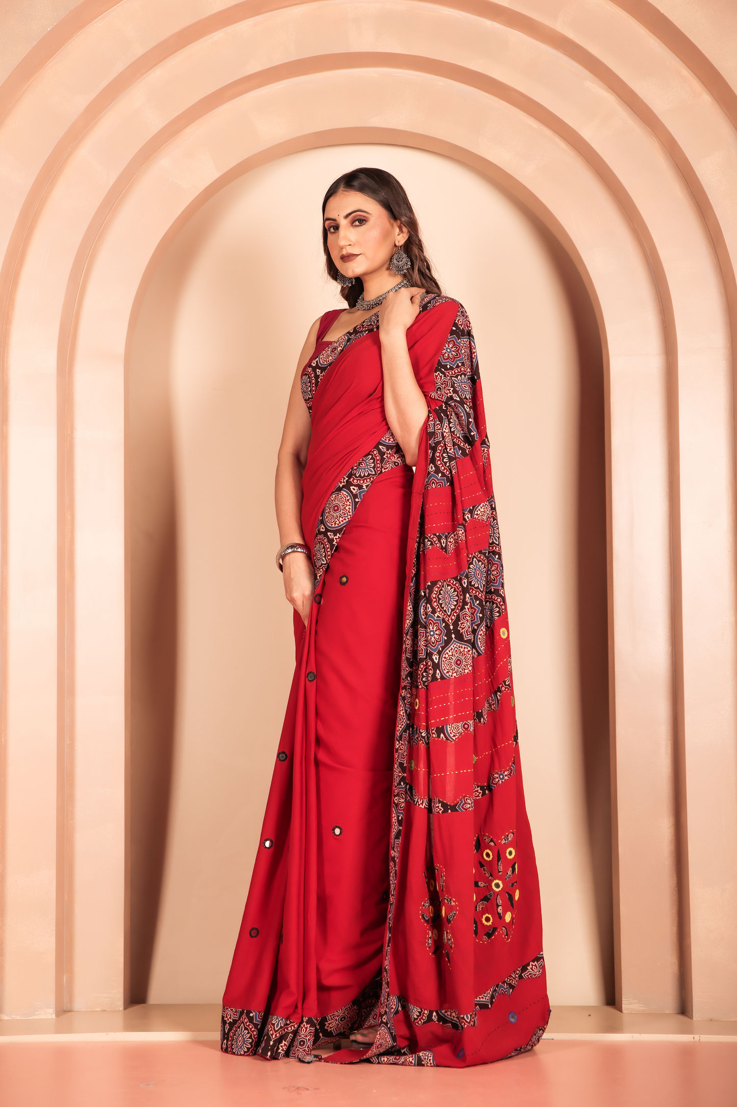 Ajrakh Patch Work Red Cotton MulMul Saree