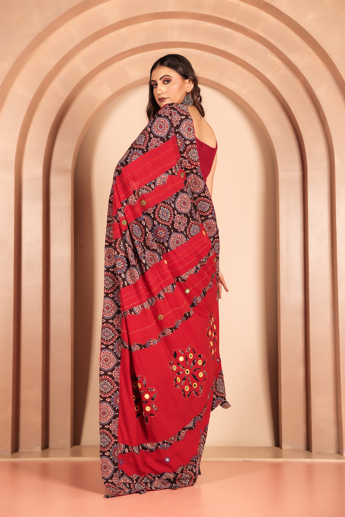 Ajrakh Patch Work Red Cotton MulMul Saree