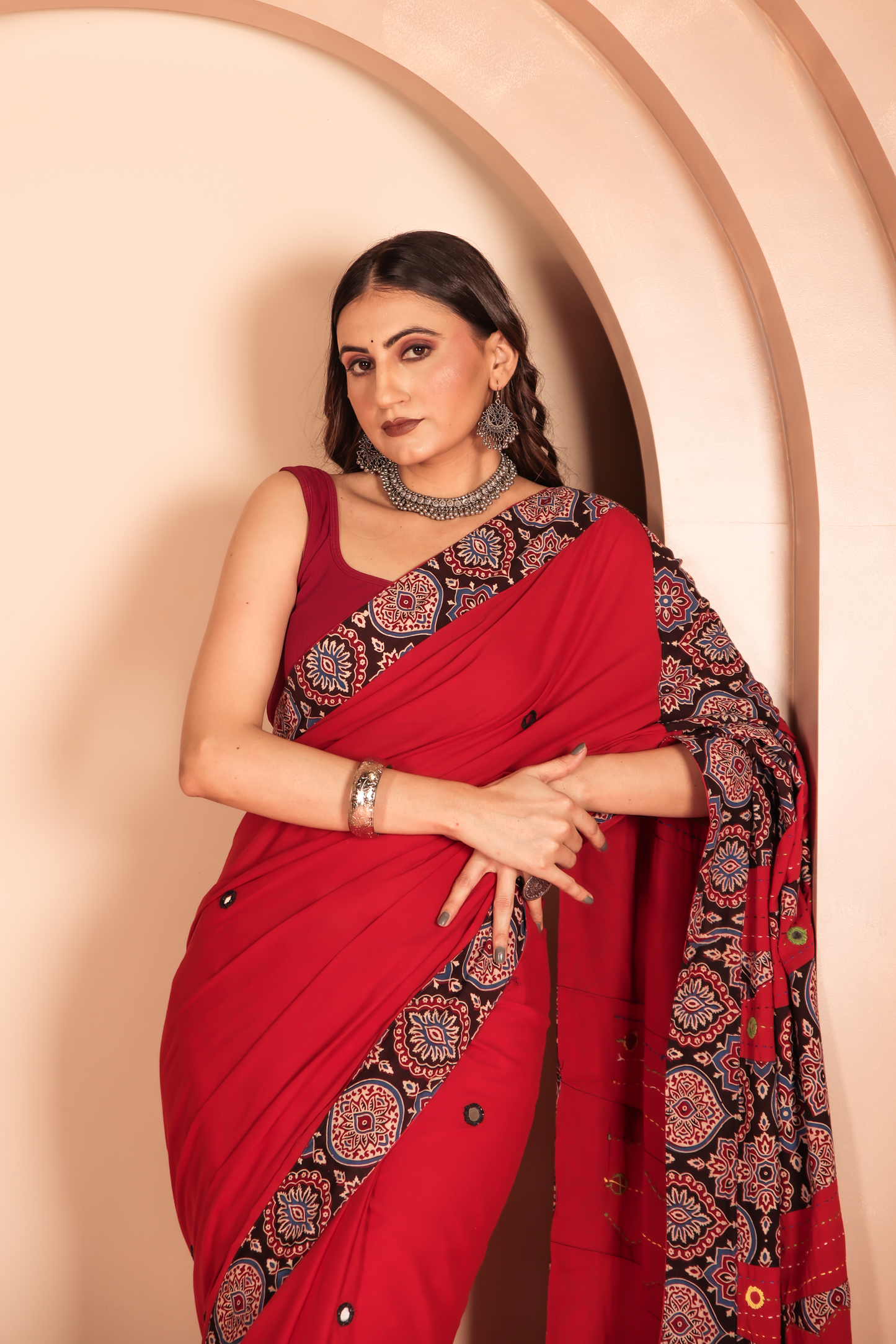 Ajrakh Patch Work Red Cotton MulMul Saree