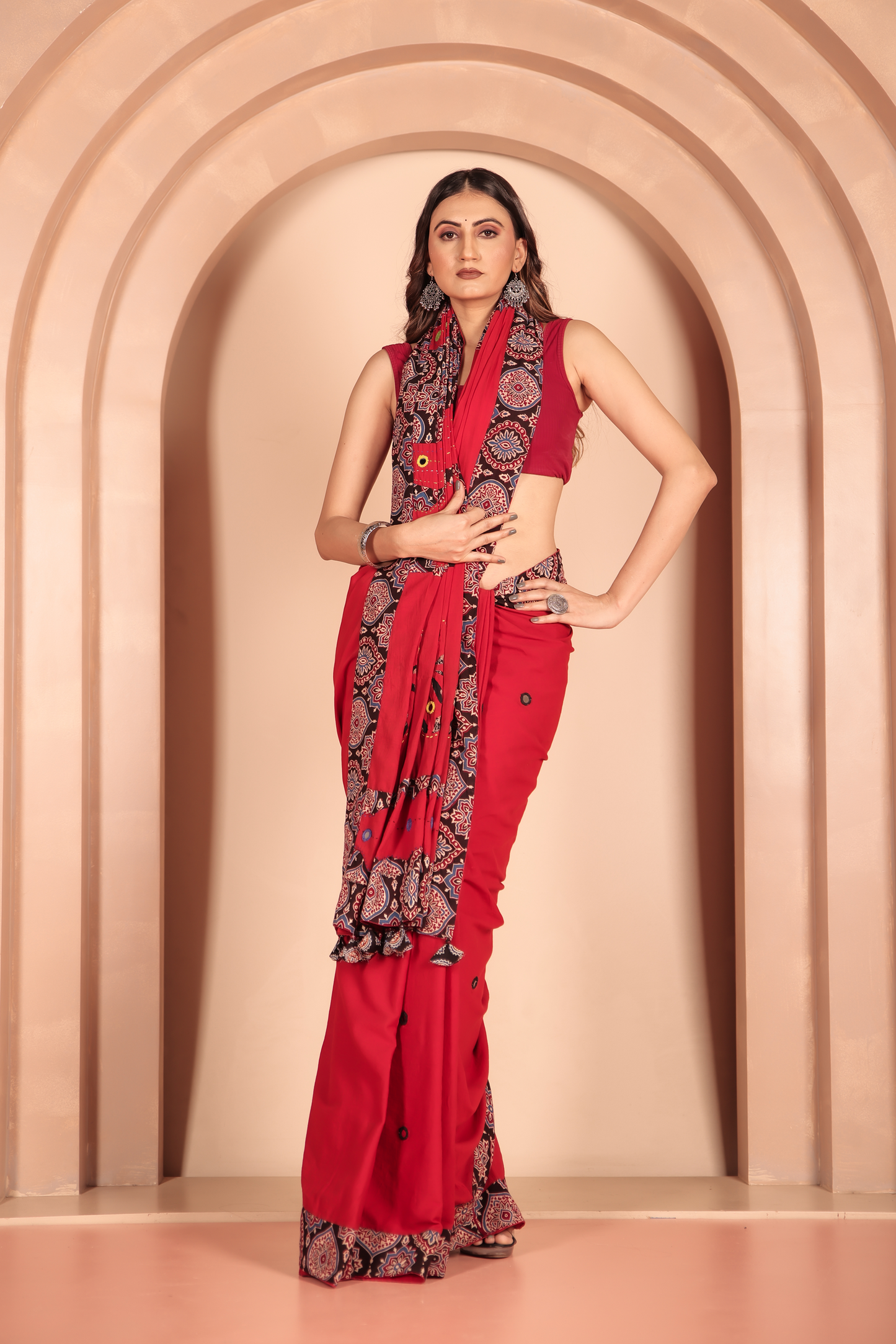 Ajrakh Patch Work Red Cotton MulMul Saree