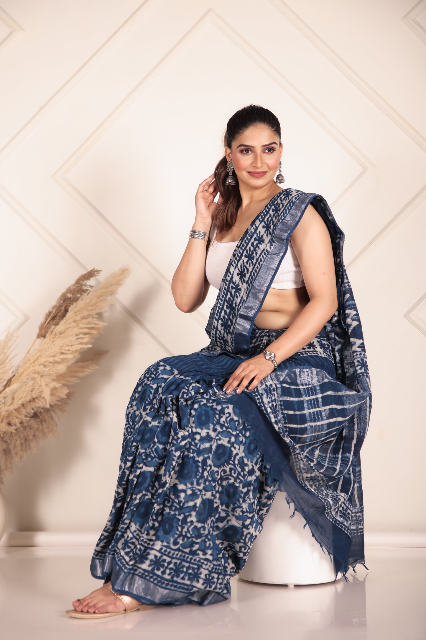 Premium Blue Indigo Cotton Linen Saree