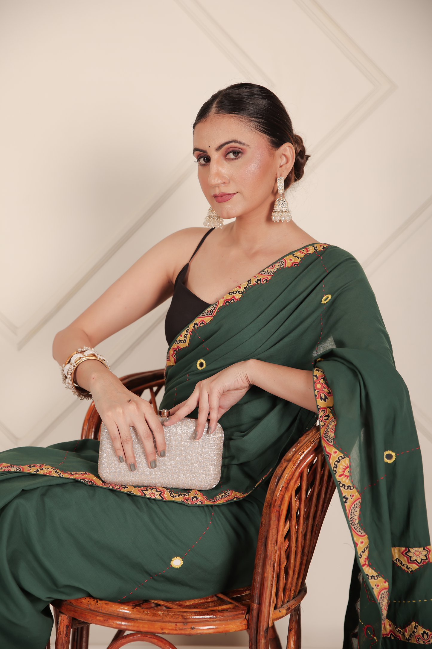 Ajrakh Patch Work Green Cotton MulMul Saree