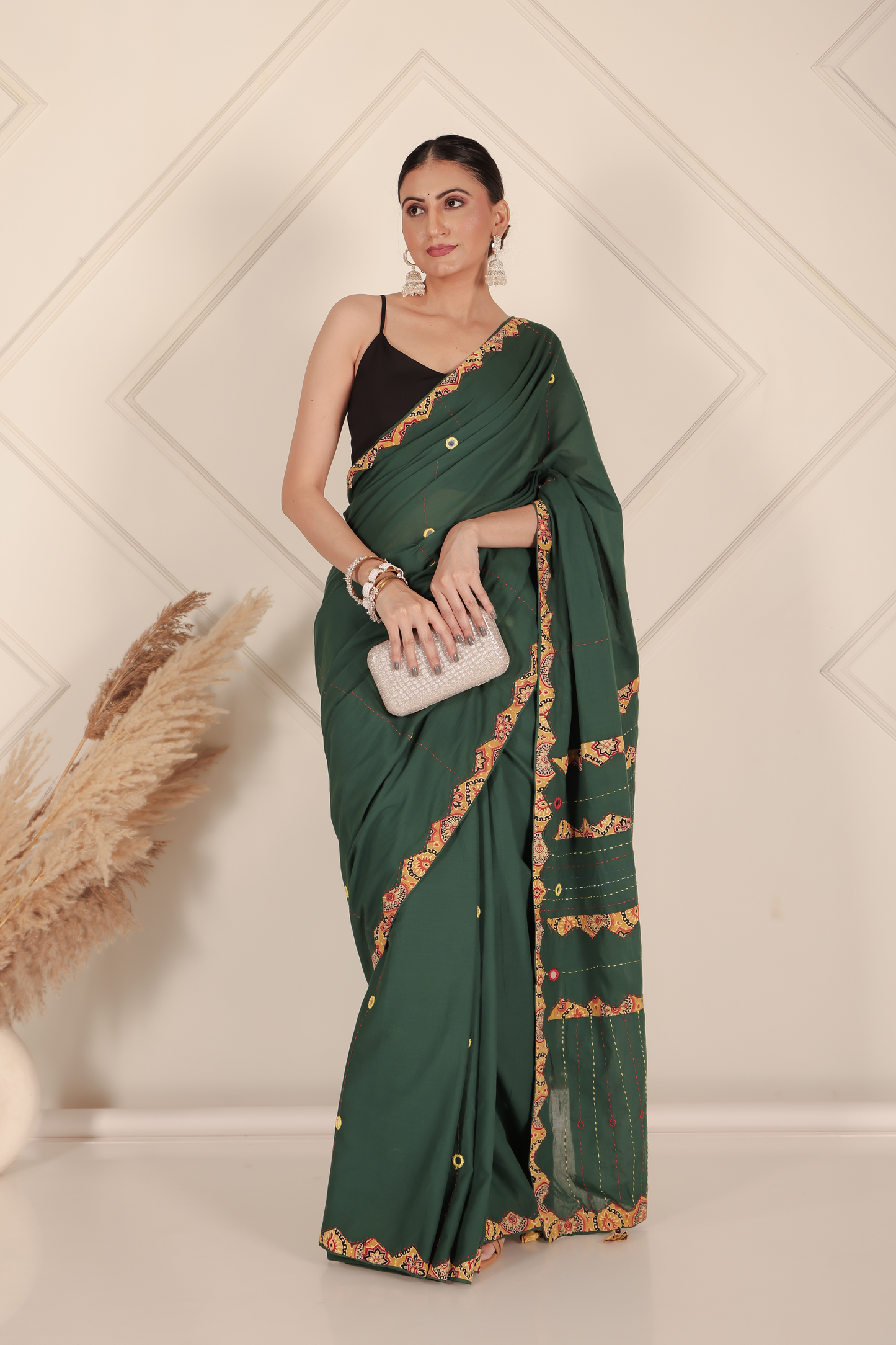 Ajrakh Patch Work Green Cotton MulMul Saree