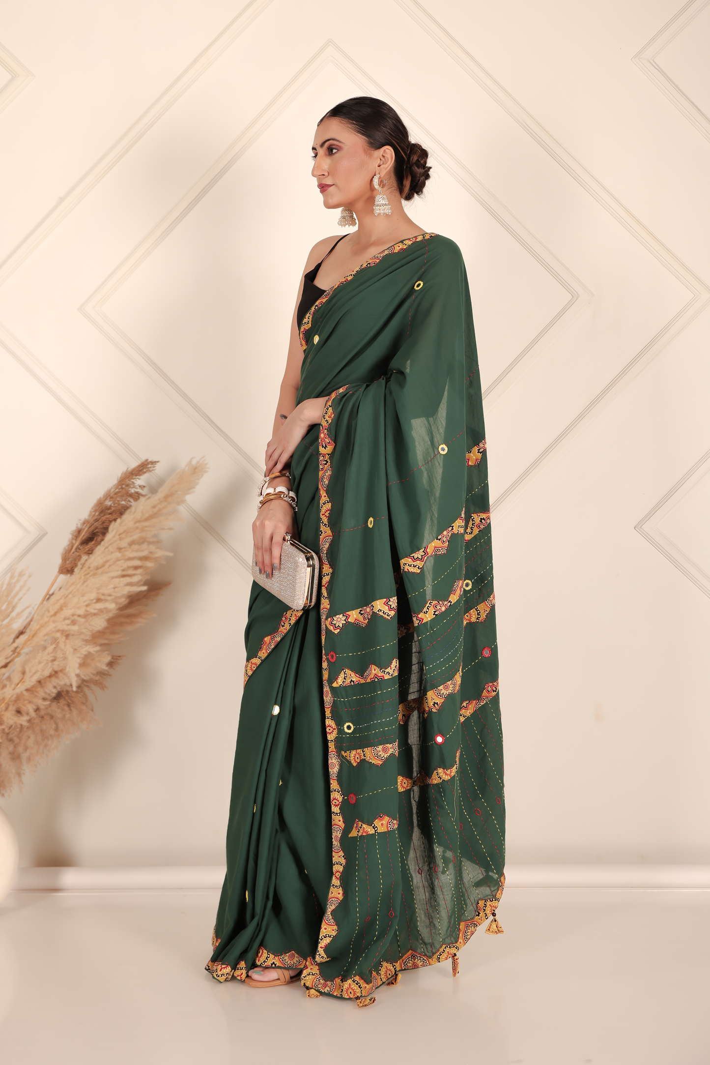 Ajrakh Patch Work Green Cotton MulMul Saree