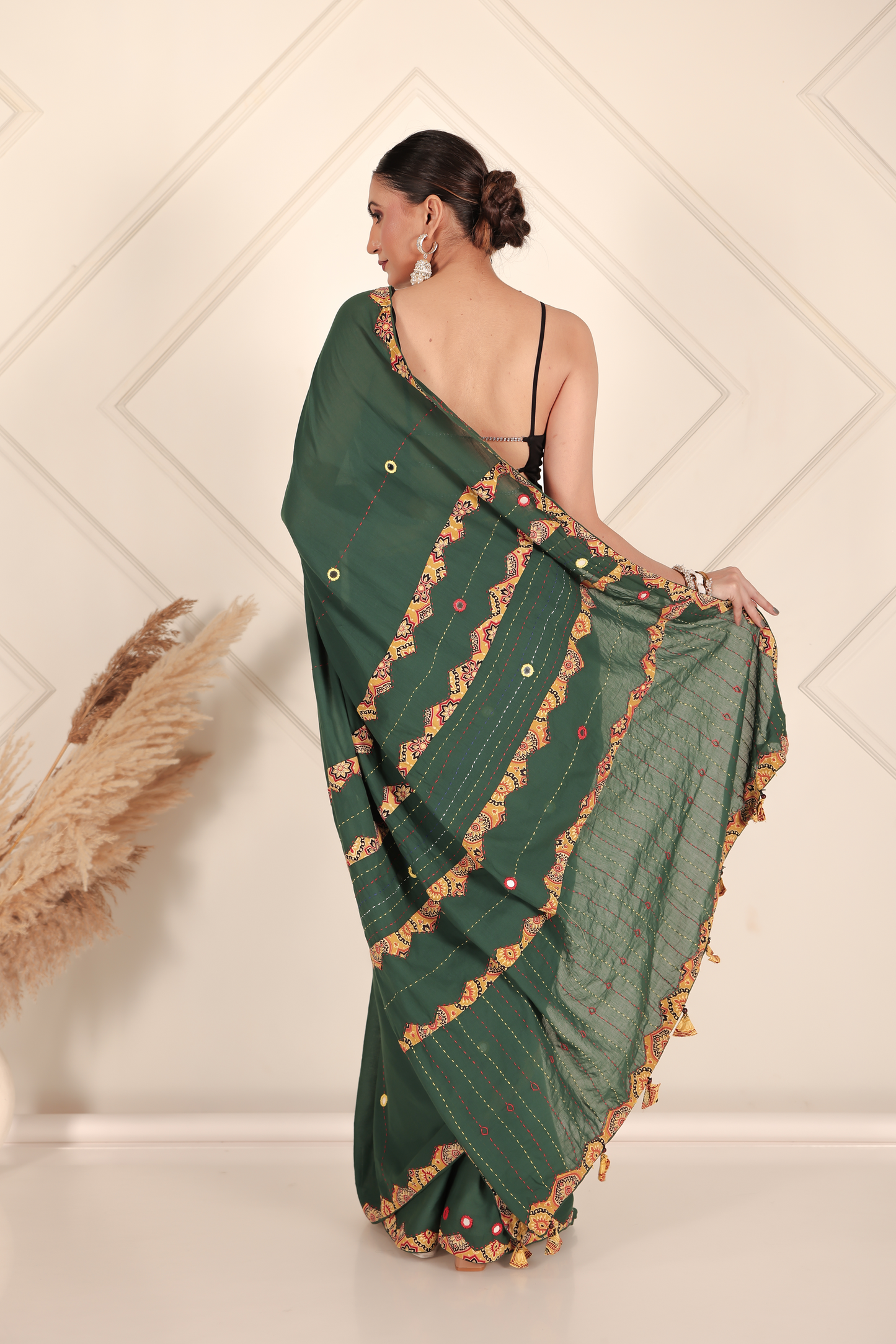 Ajrakh Patch Work Green Cotton MulMul Saree