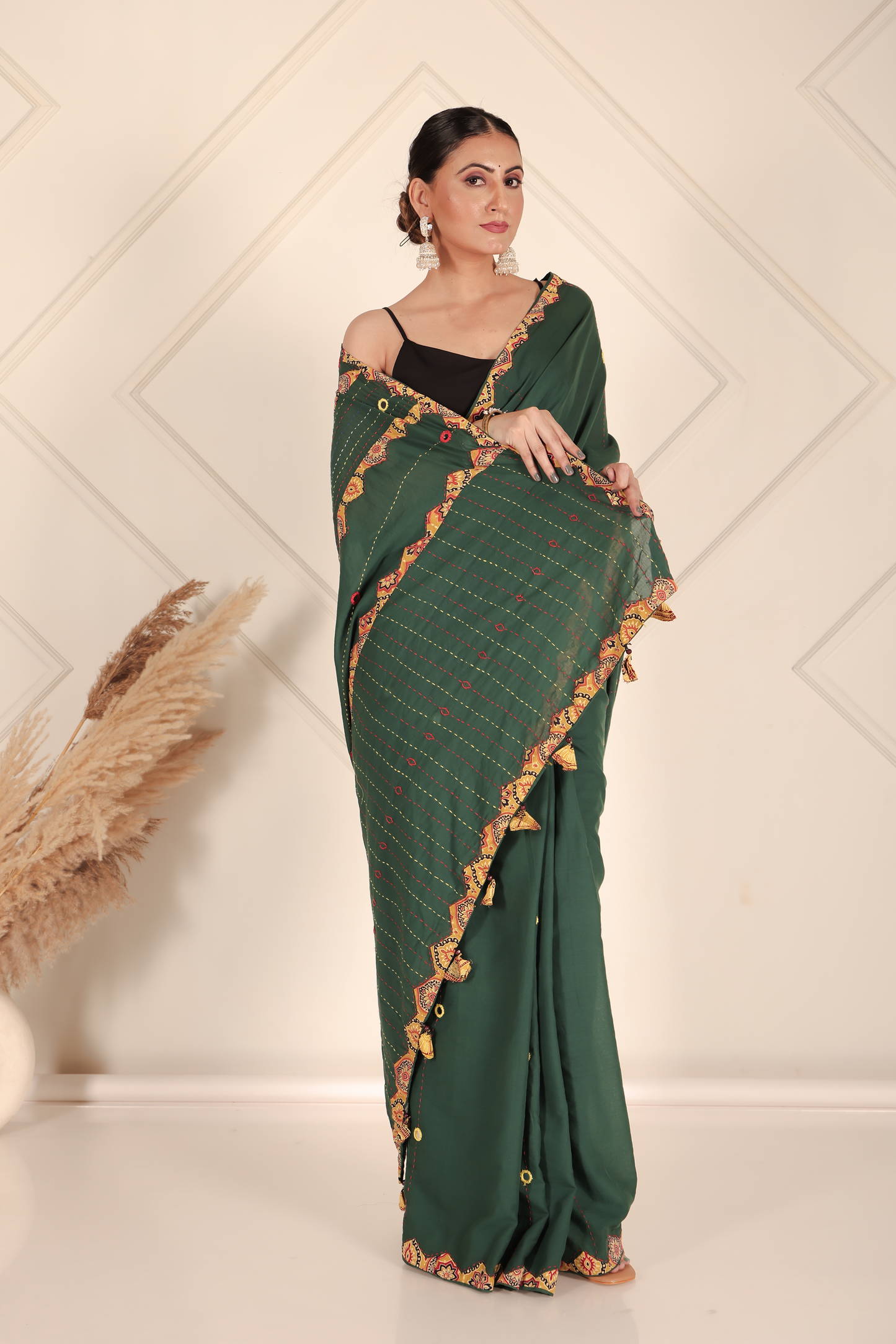 Ajrakh Patch Work Green Cotton MulMul Saree