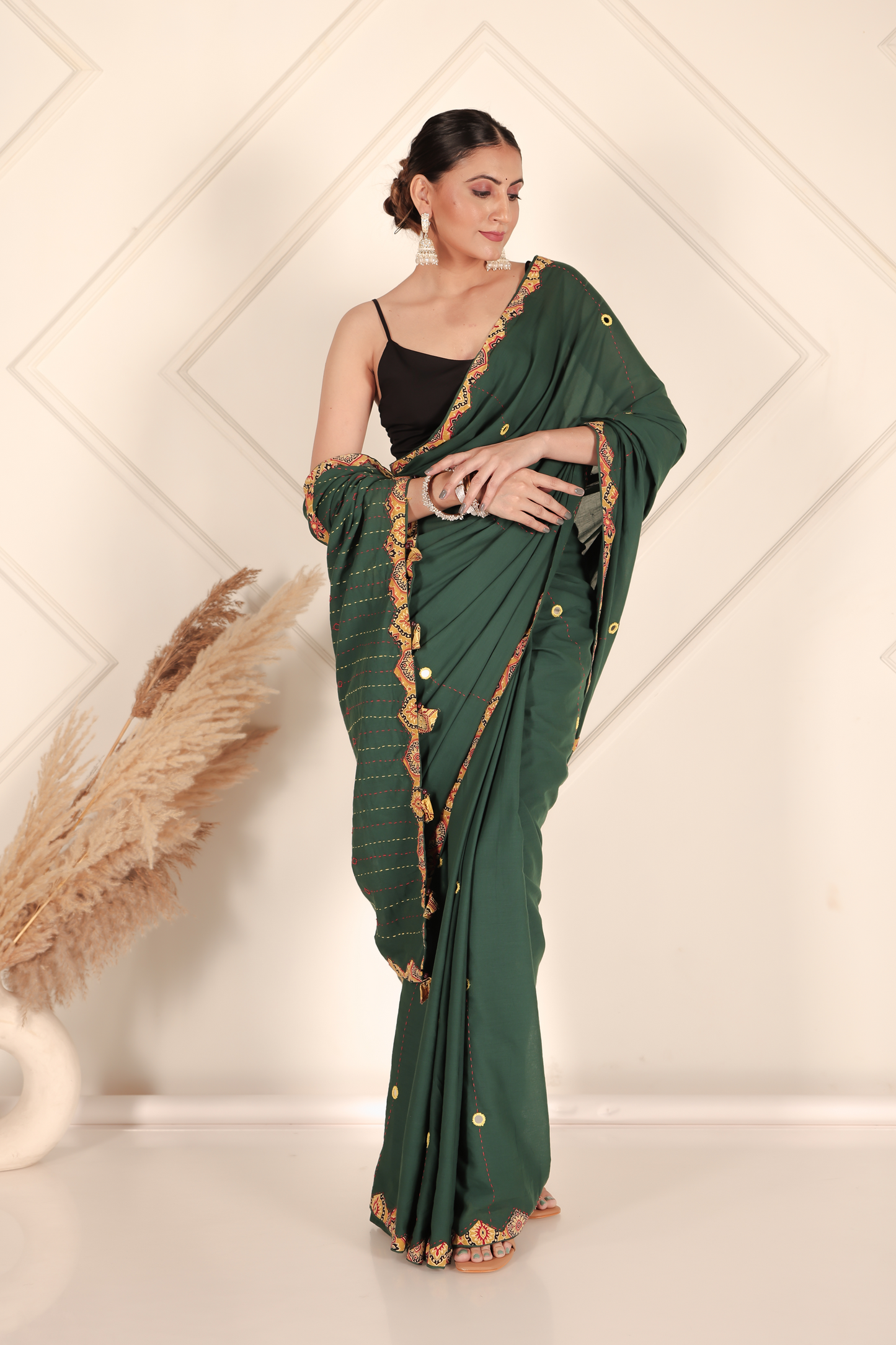 Ajrakh Patch Work Green Cotton MulMul Saree