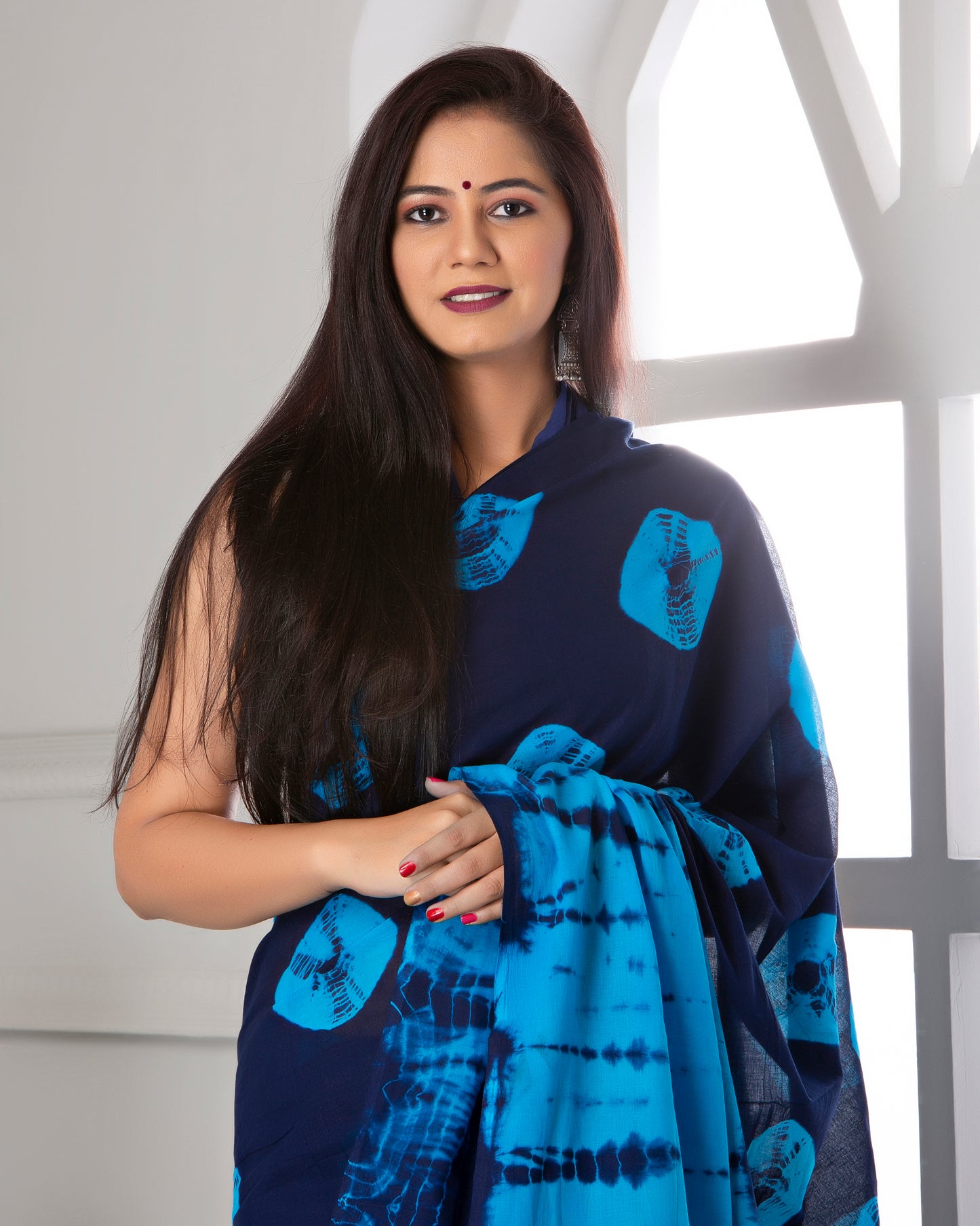 Printed Sky Blue Shibori Print Cotton MulMul Saree