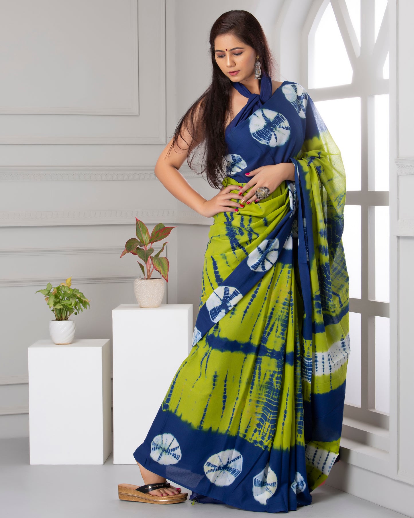Printed Green Shibori Print Cotton MulMul Saree