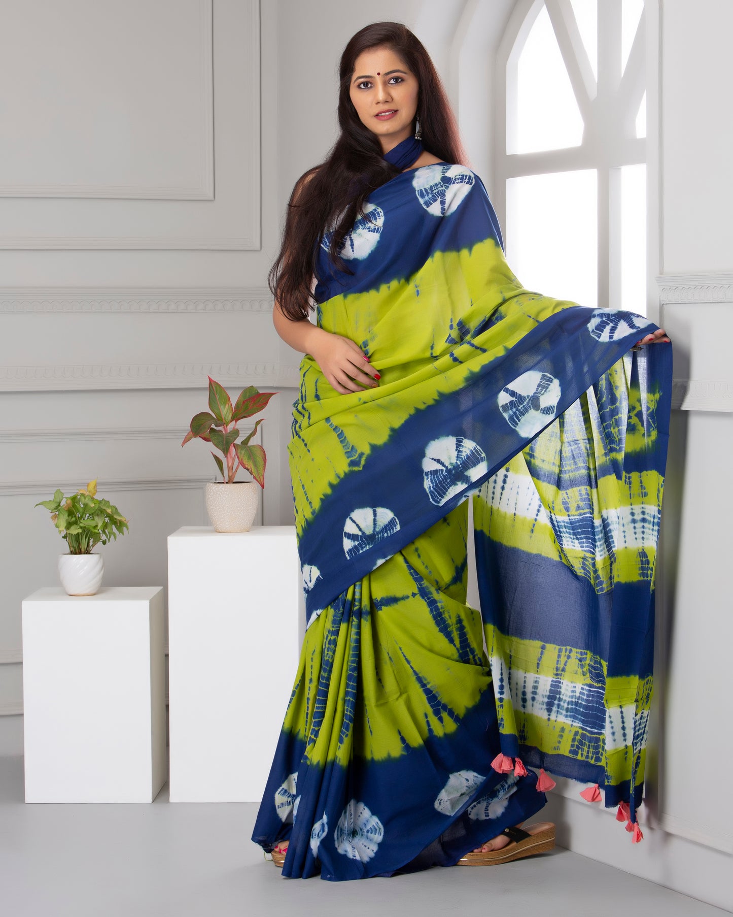Printed Green Shibori Print Cotton MulMul Saree