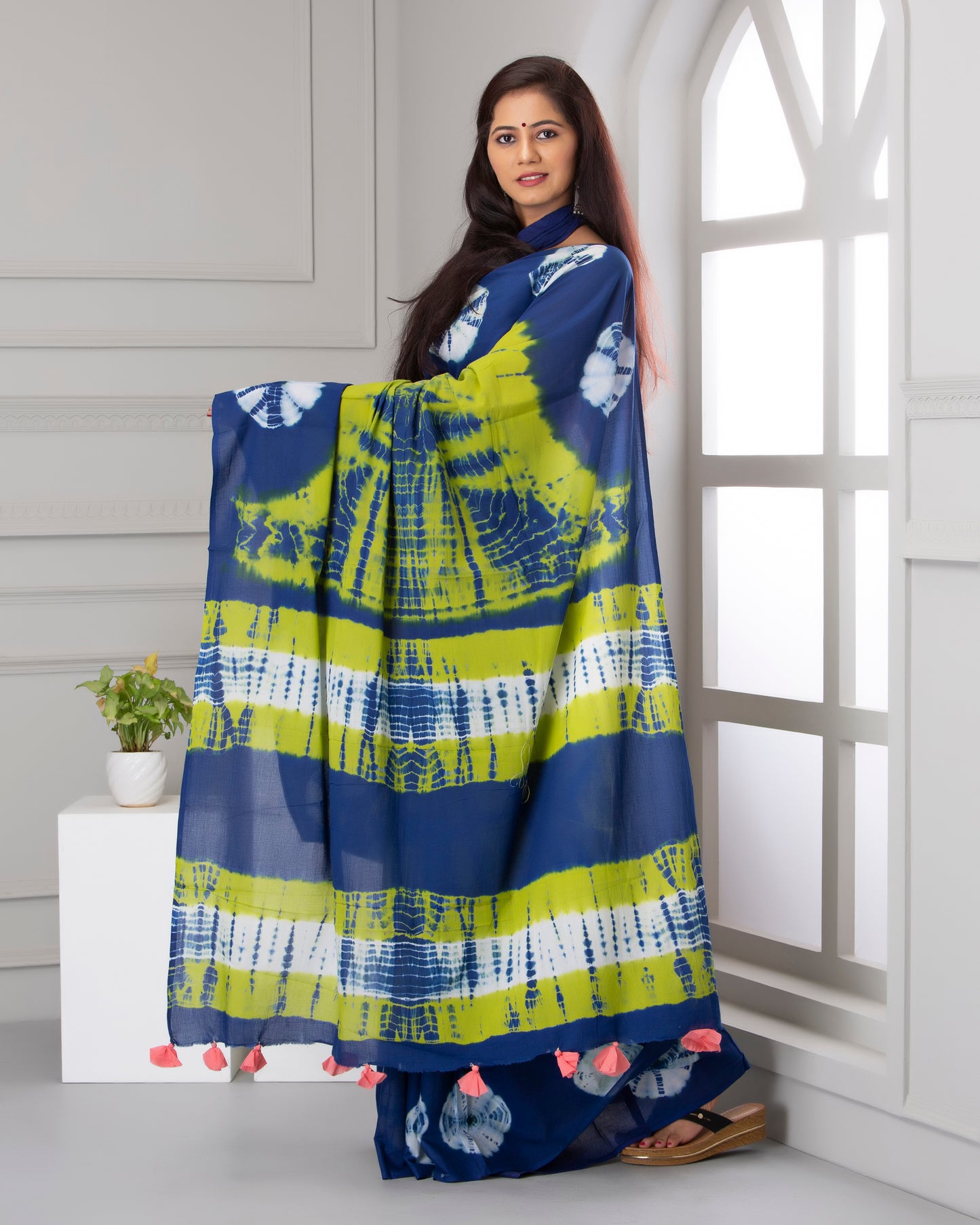 Printed Green Shibori Print Cotton MulMul Saree