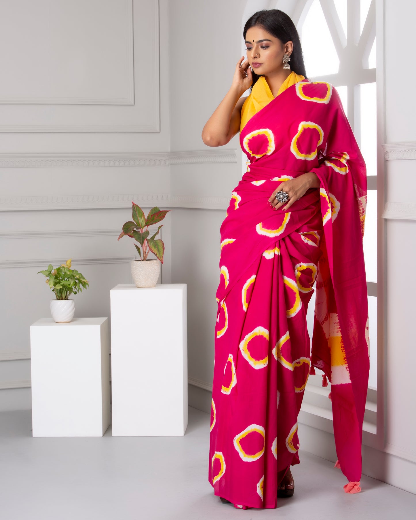 Printed Pink Shibori Print Cotton MulMul Saree