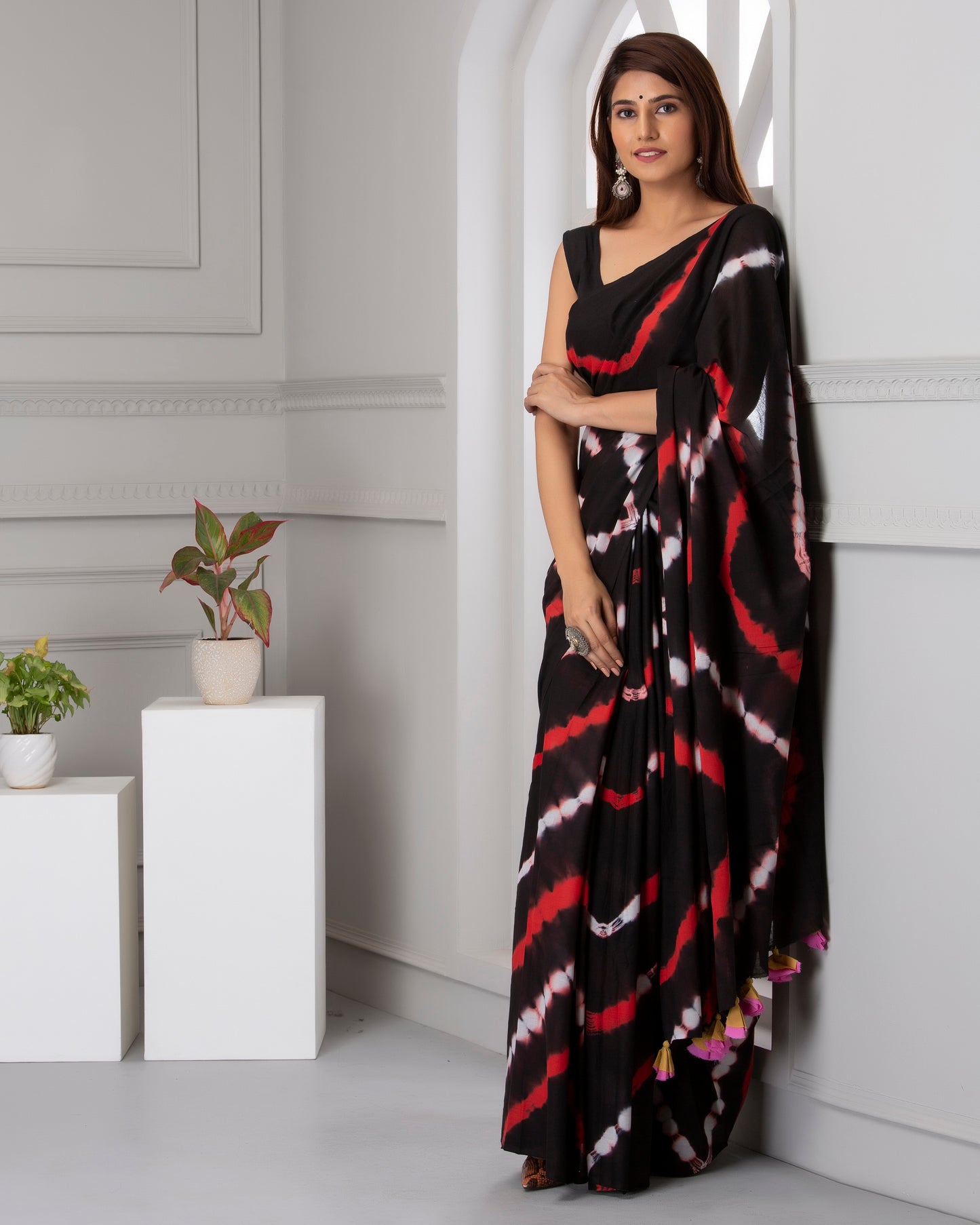 Printed Black Shibori Print Cotton MulMul Saree