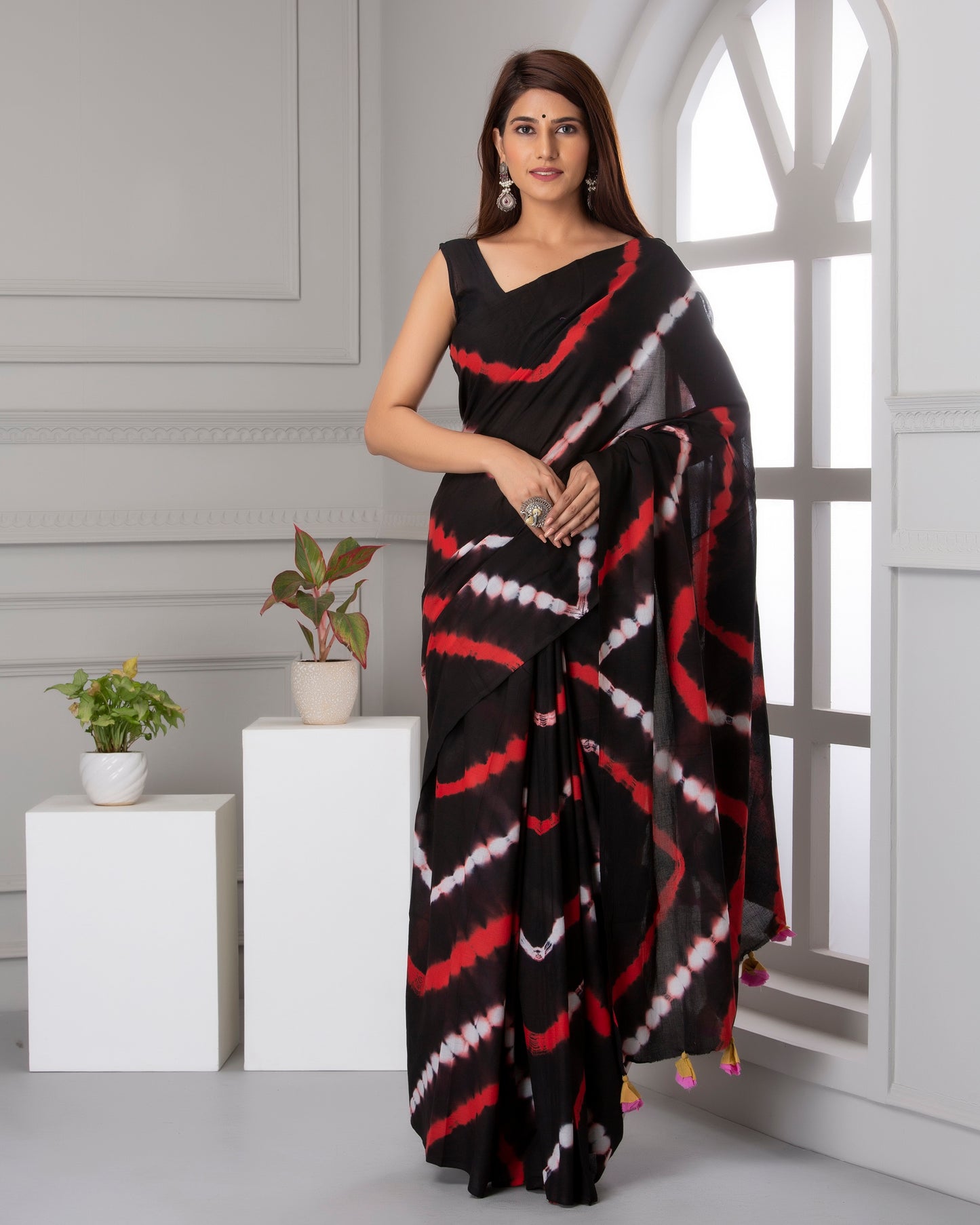 Printed Black Shibori Print Cotton MulMul Saree