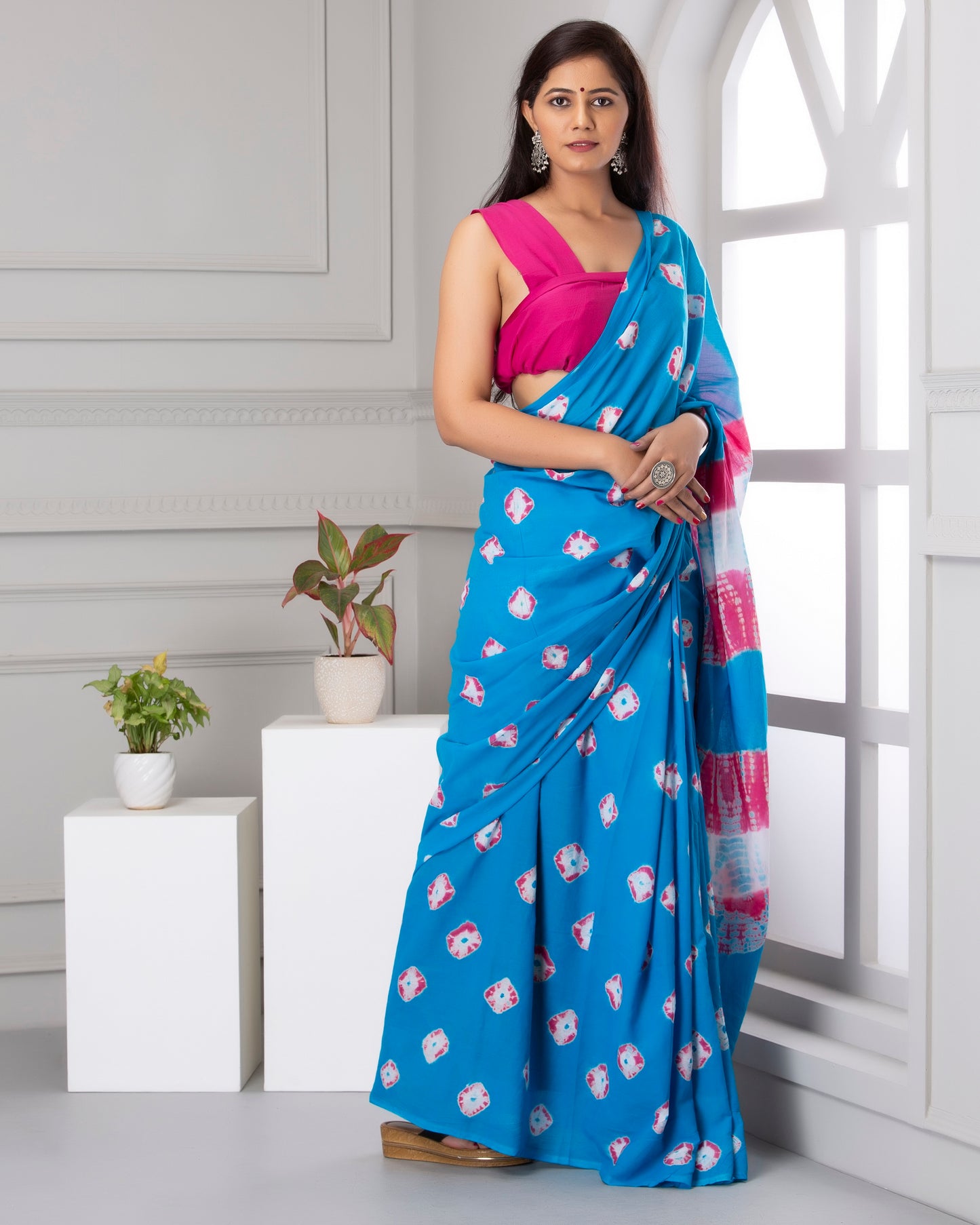 Printed Sky Blue Shibori Print Cotton MulMul Saree