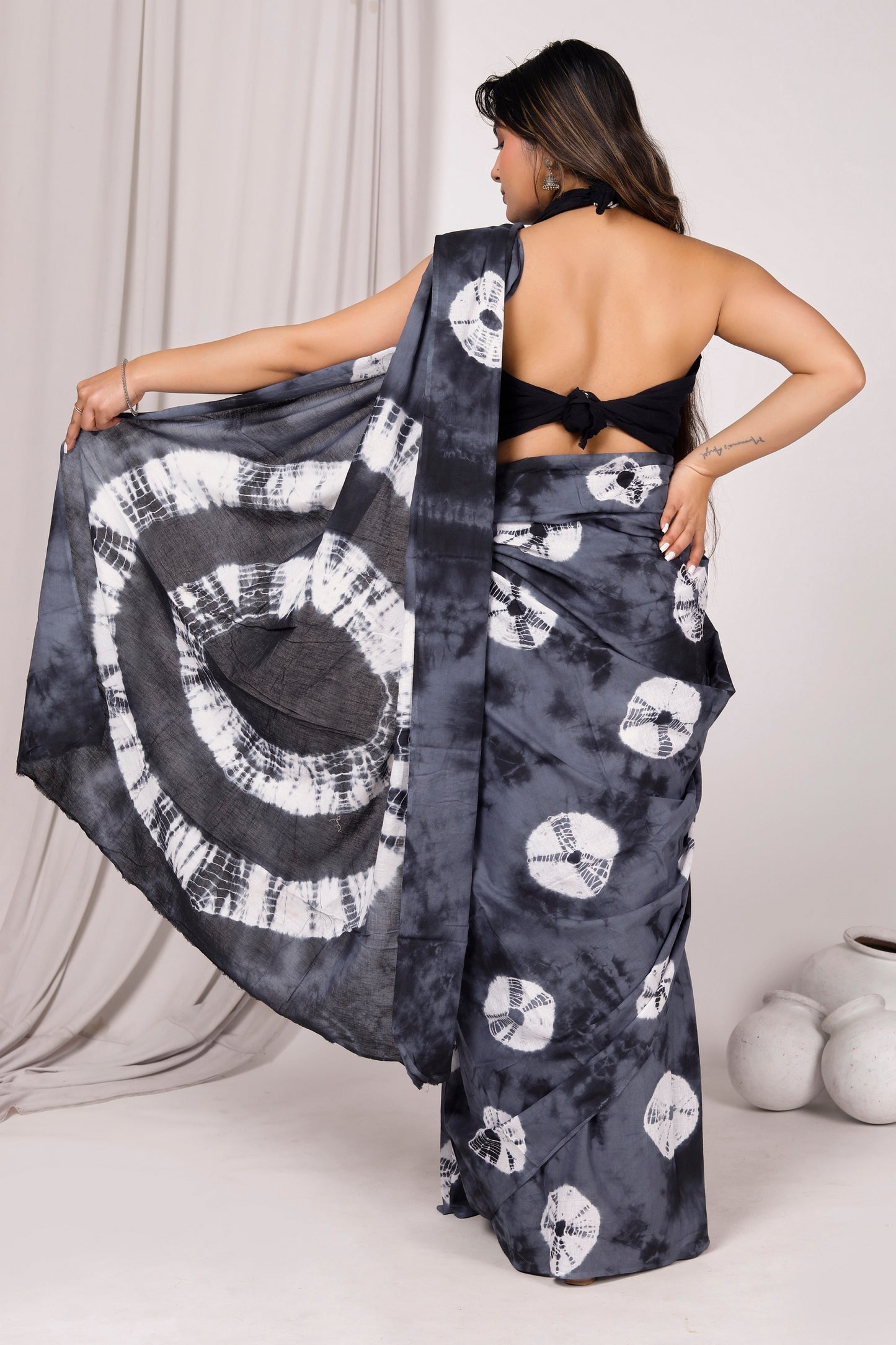 Printed Grey Shibori Print Cotton MulMul Saree