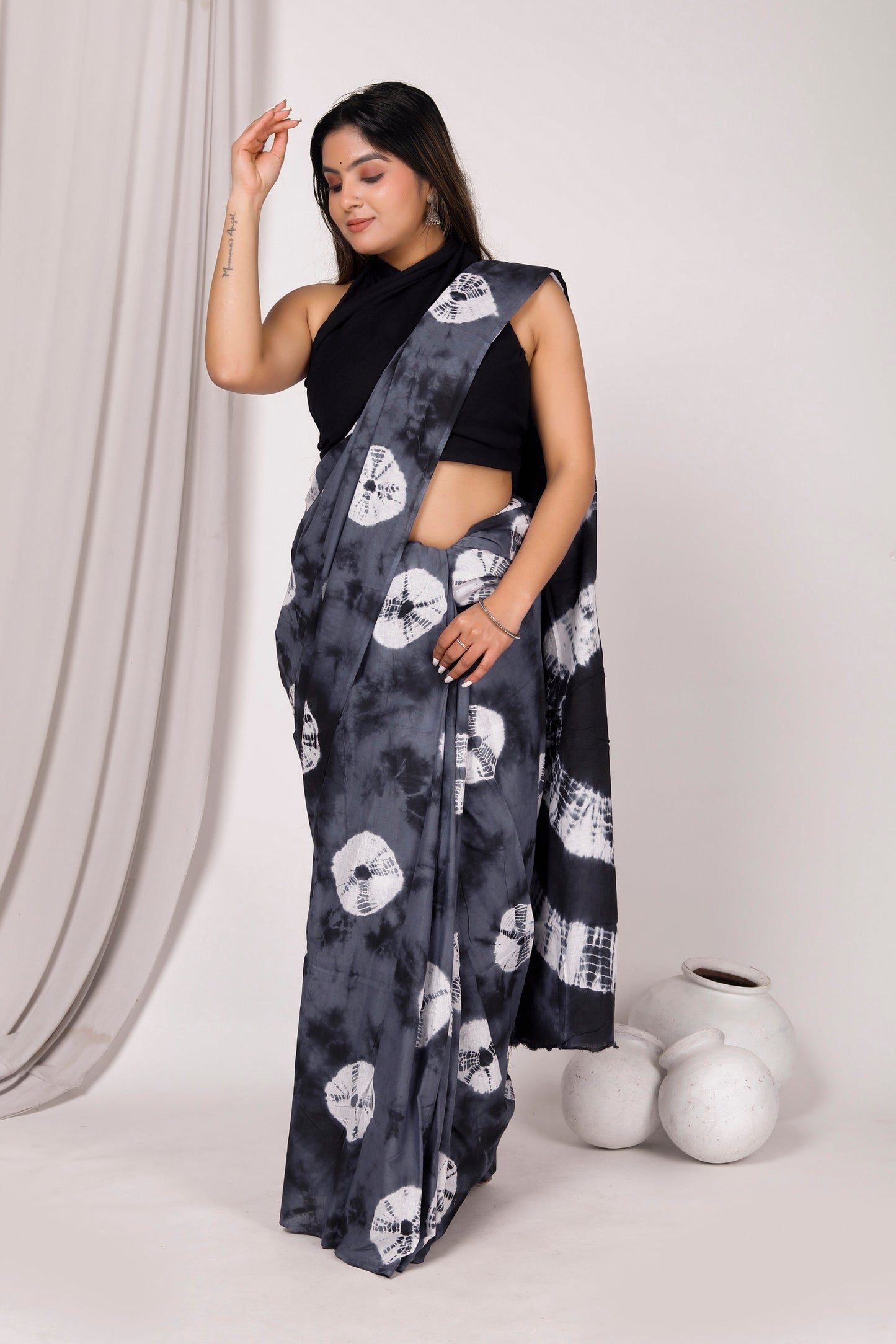 Printed Grey Shibori Print Cotton MulMul Saree
