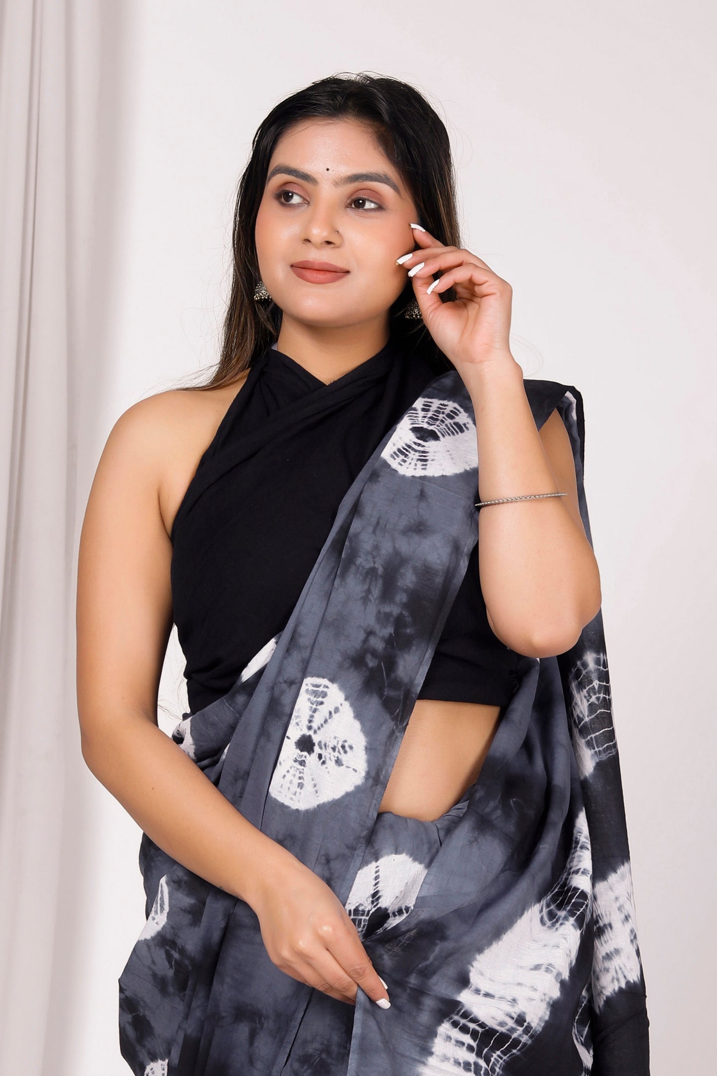 Printed Grey Shibori Print Cotton MulMul Saree