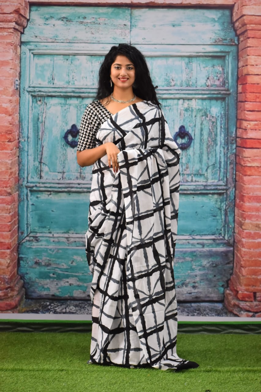 Printed White Shibori Print Cotton MulMul Saree