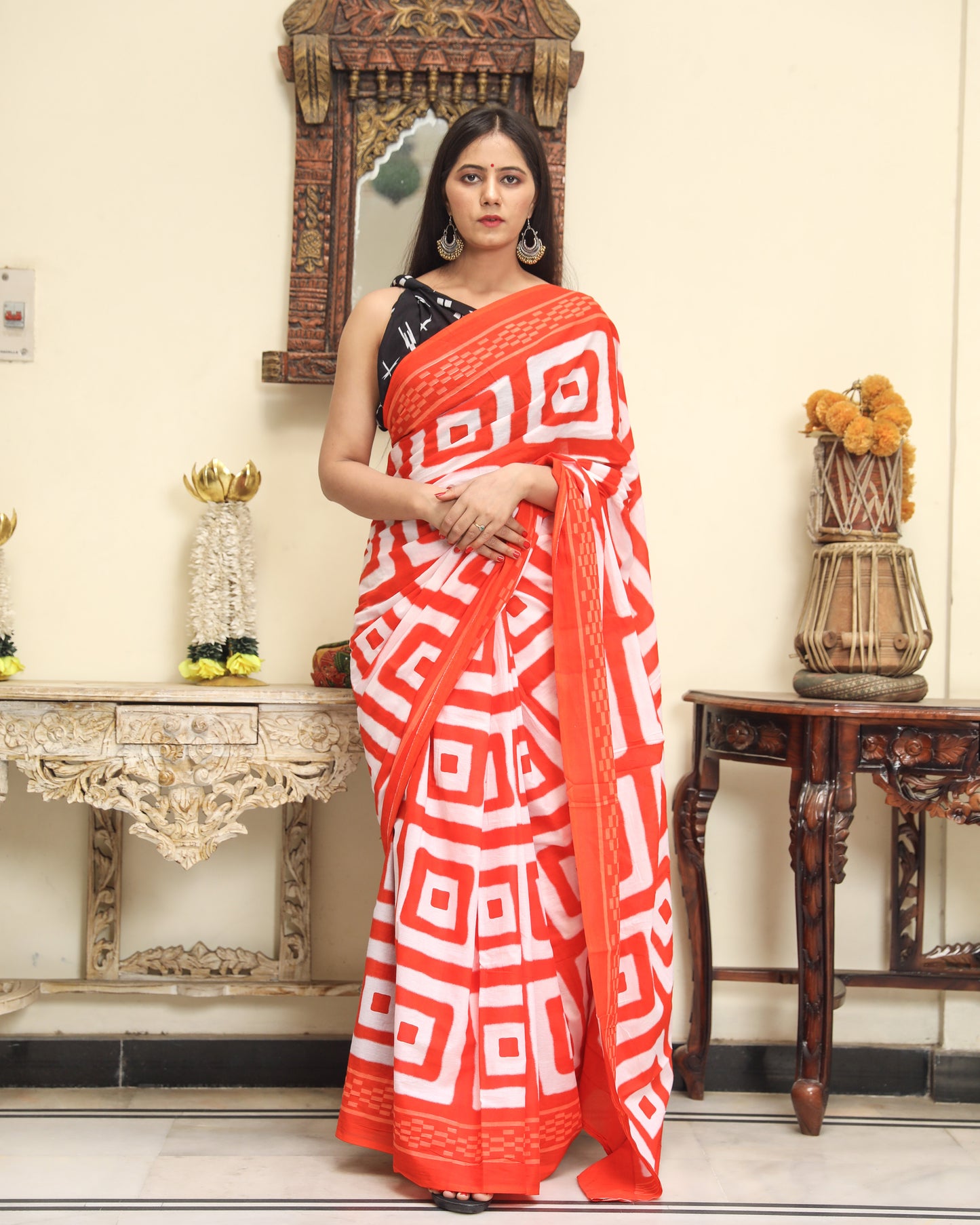 Cotton MulMul Orange Printed Sarees