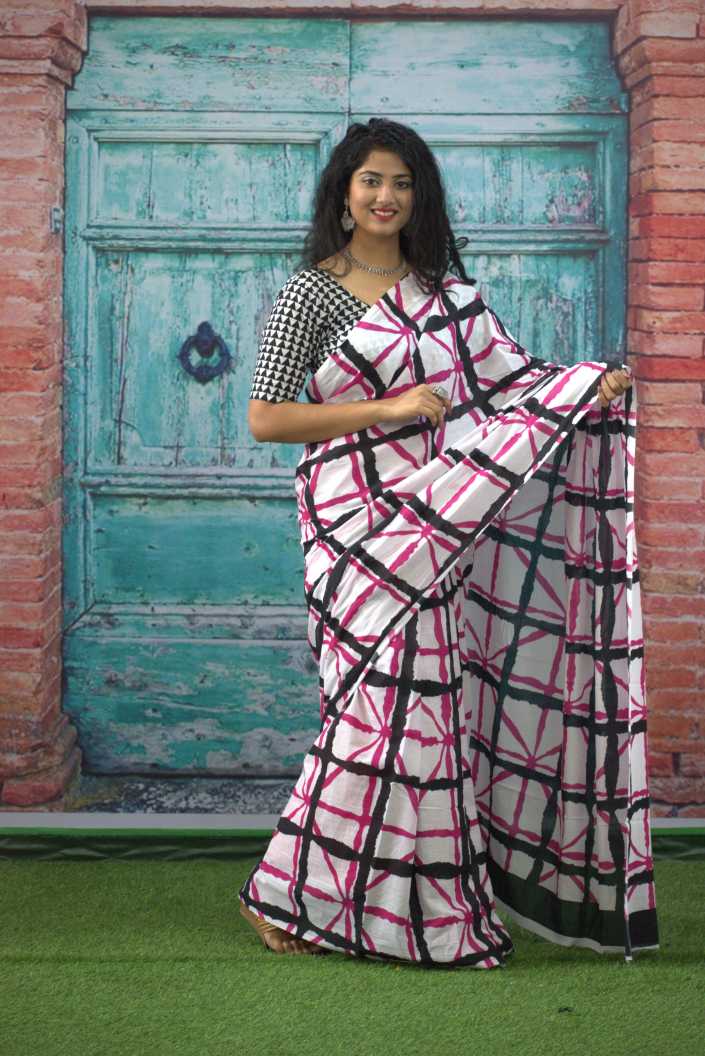Printed White Shibori Print Cotton MulMul Saree