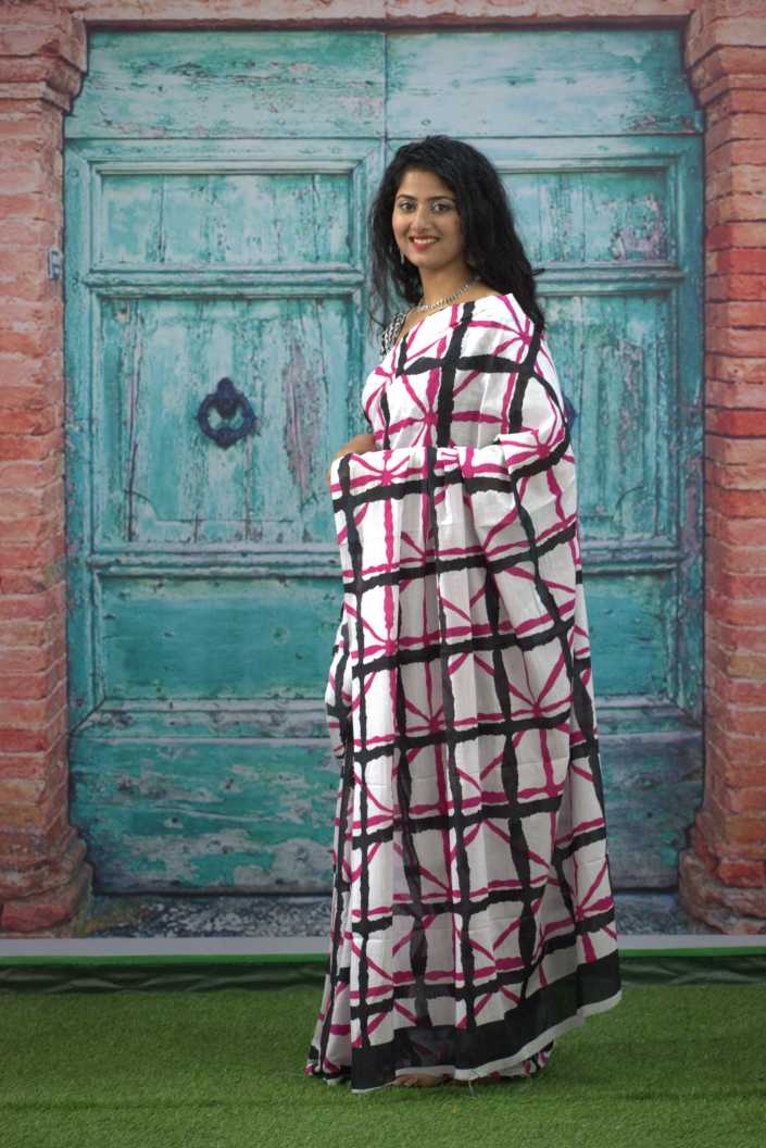 Printed White Shibori Print Cotton MulMul Saree