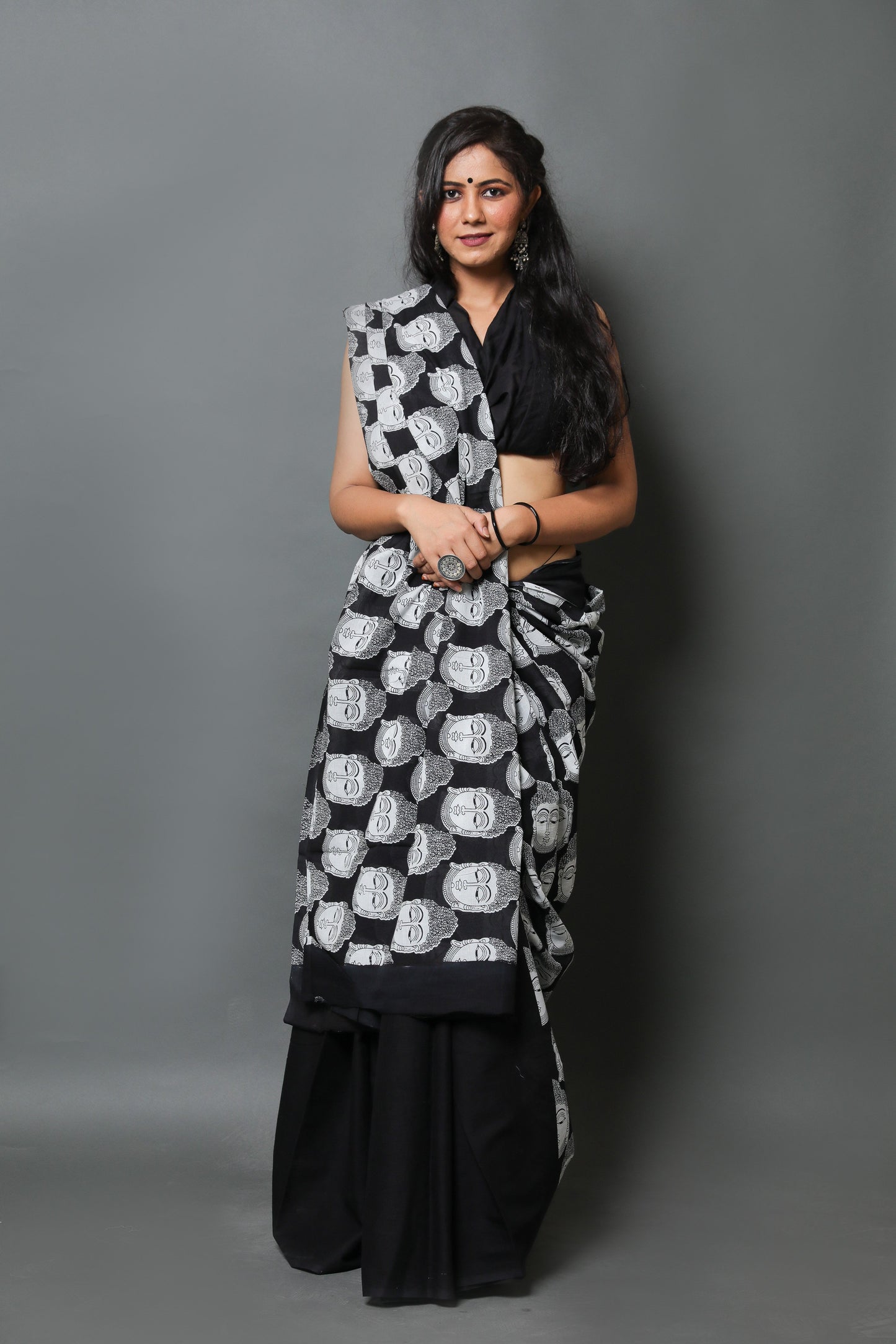 Cotton MulMul Black Printed Sarees
