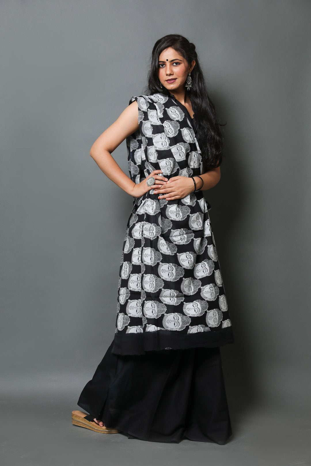 Cotton MulMul Black Printed Sarees