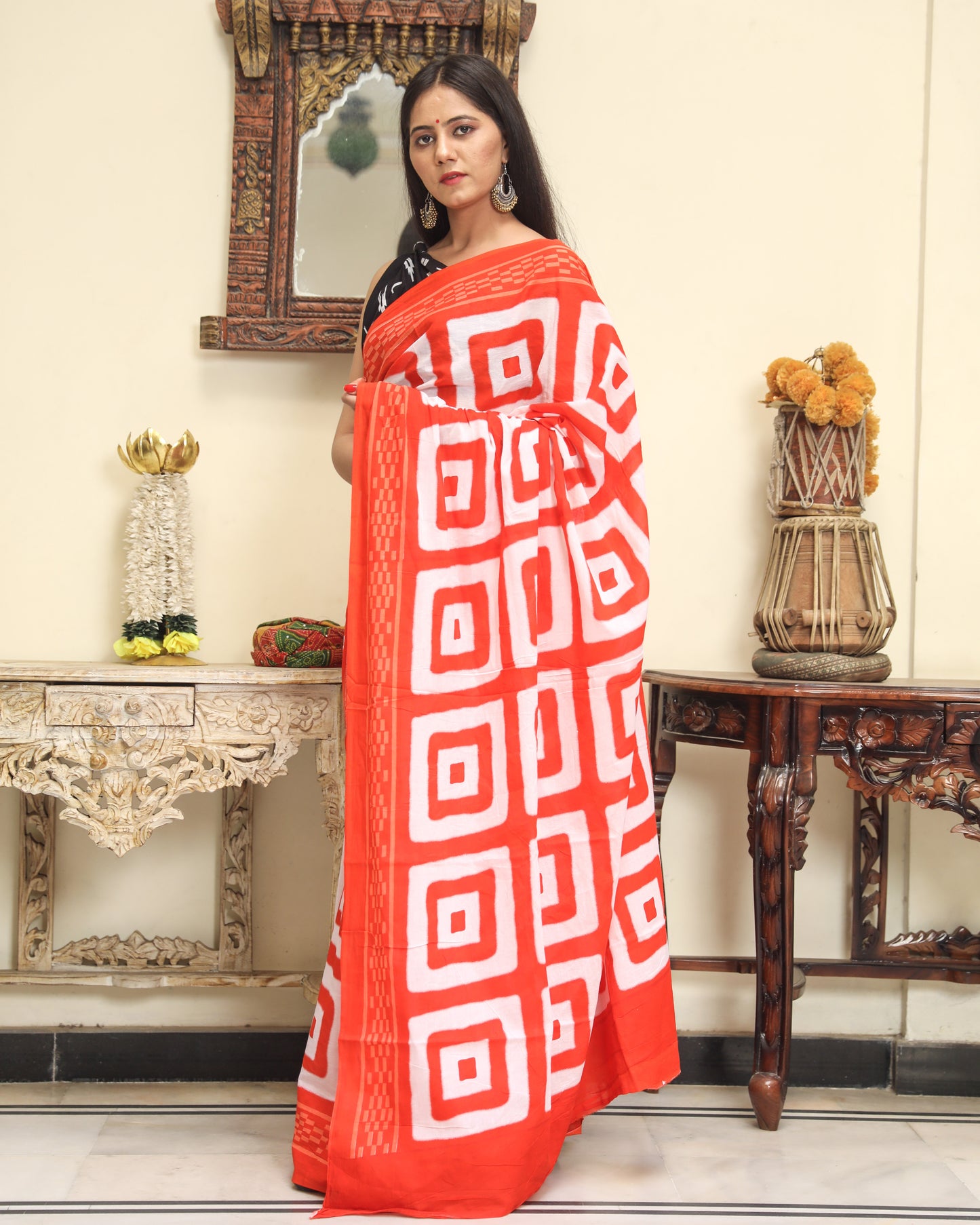 Cotton MulMul Orange Printed Sarees