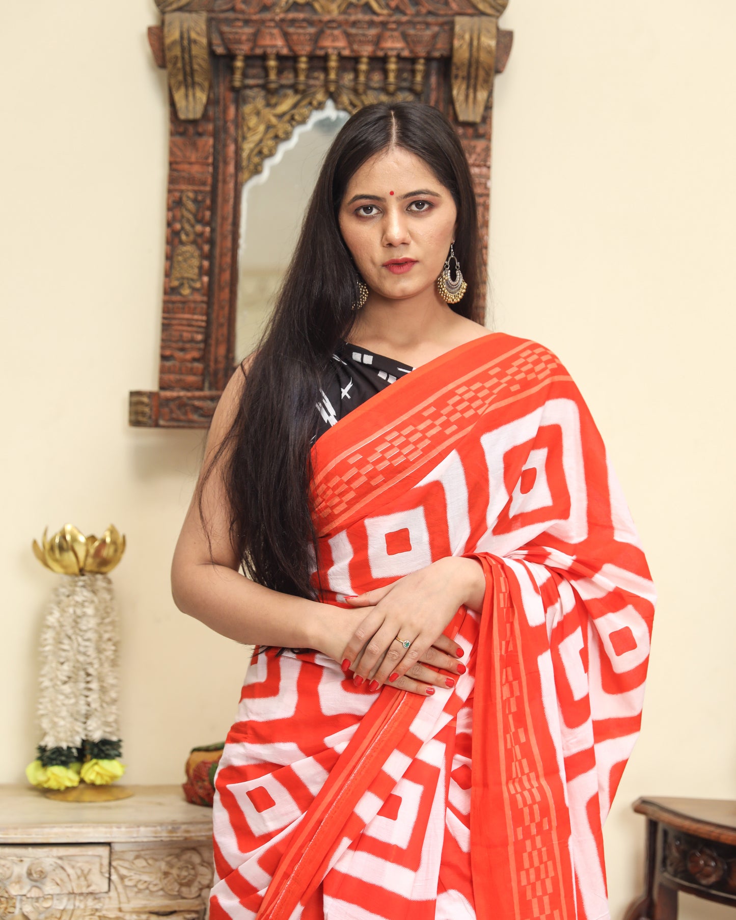Cotton MulMul Orange Printed Sarees