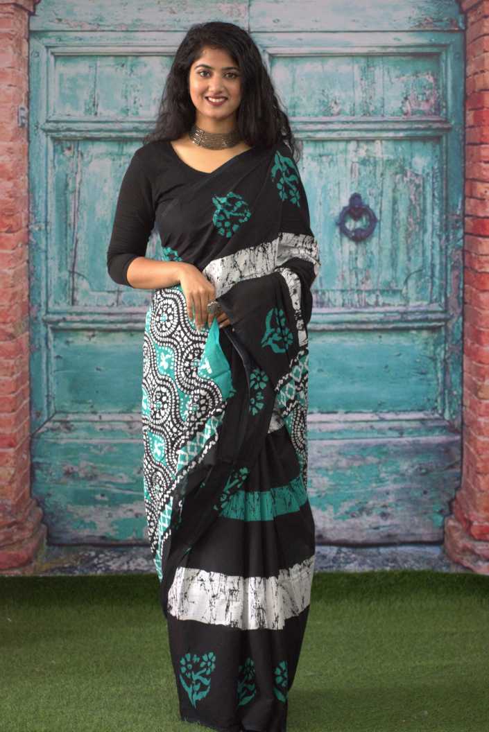 Printed Black Batik Print Cotton MulMul Saree