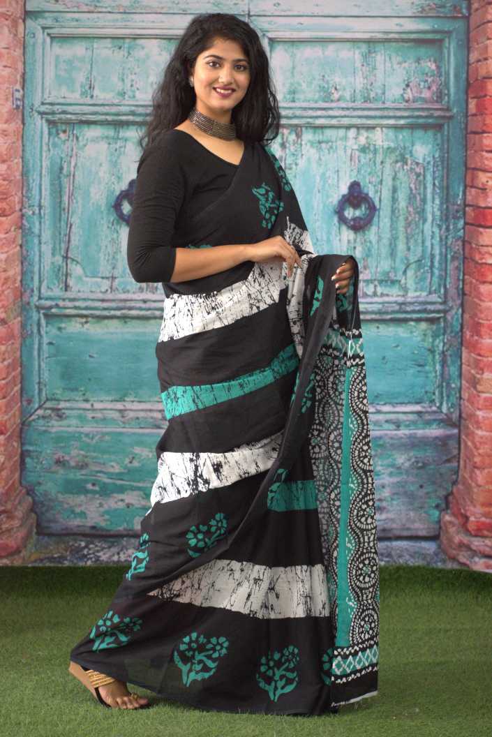Printed Black Batik Print Cotton MulMul Saree