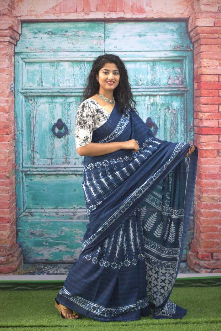 Printed Blue Dabu Print Cotton MulMul Saree