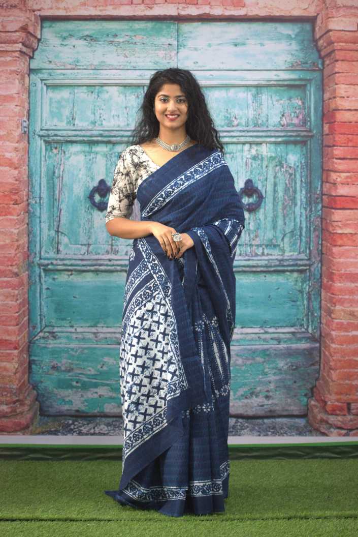 Printed Blue Dabu Print Cotton MulMul Saree