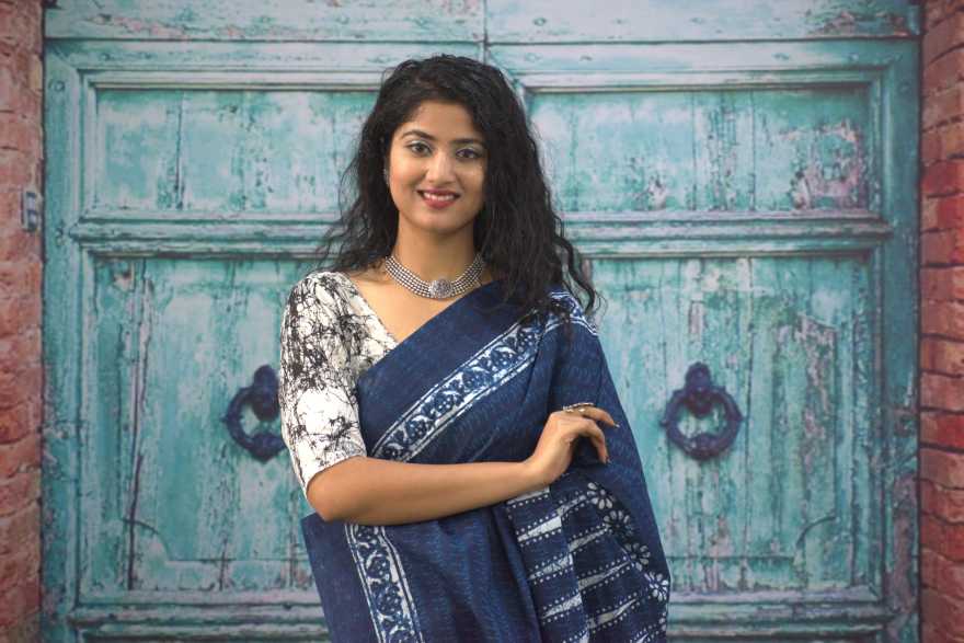 Printed Blue Dabu Print Cotton MulMul Saree