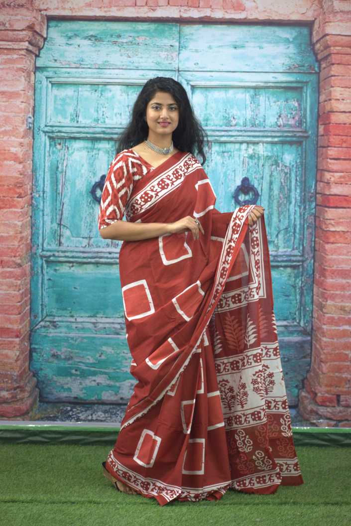 Printed Red Dabu Print Cotton MulMul Saree