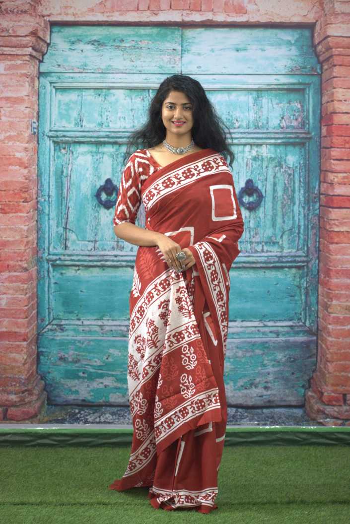 Printed Red Dabu Print Cotton MulMul Saree