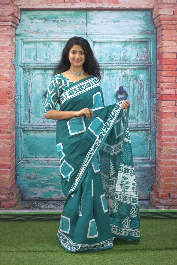 Printed Sea Green Dabu Print Cotton MulMul Saree