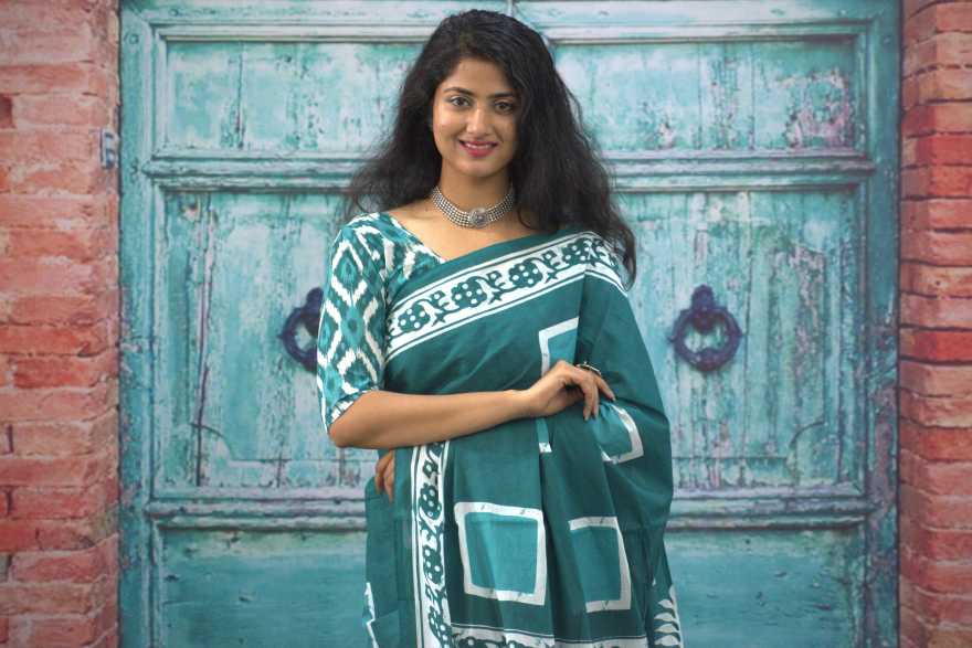 Printed Sea Green Dabu Print Cotton MulMul Saree