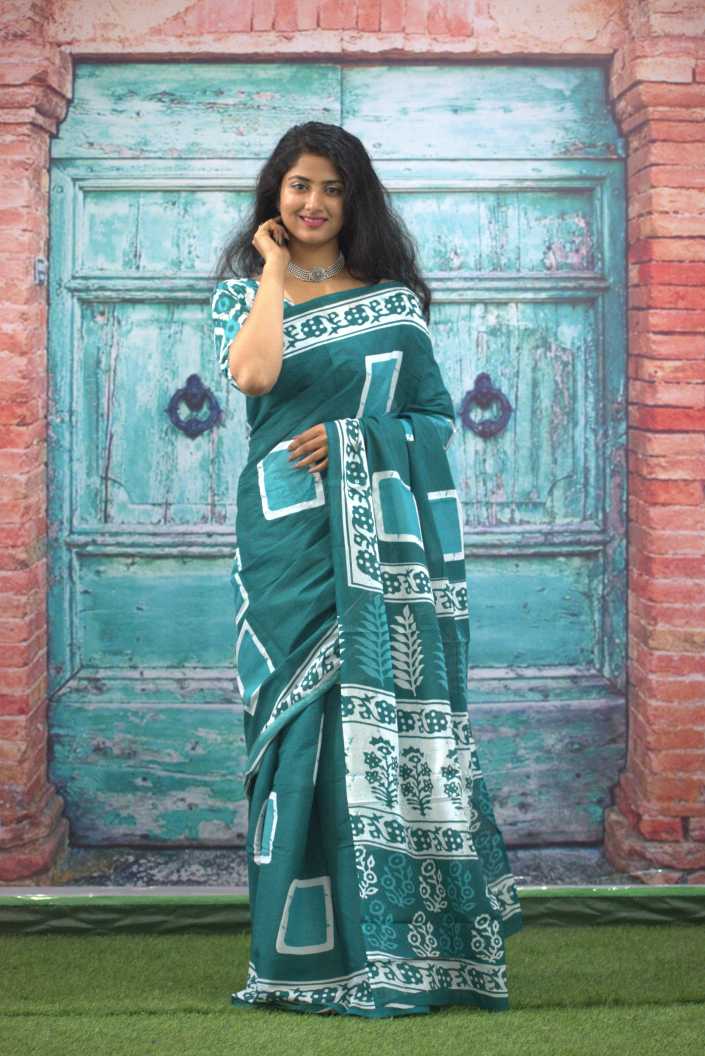 Printed Sea Green Dabu Print Cotton MulMul Saree