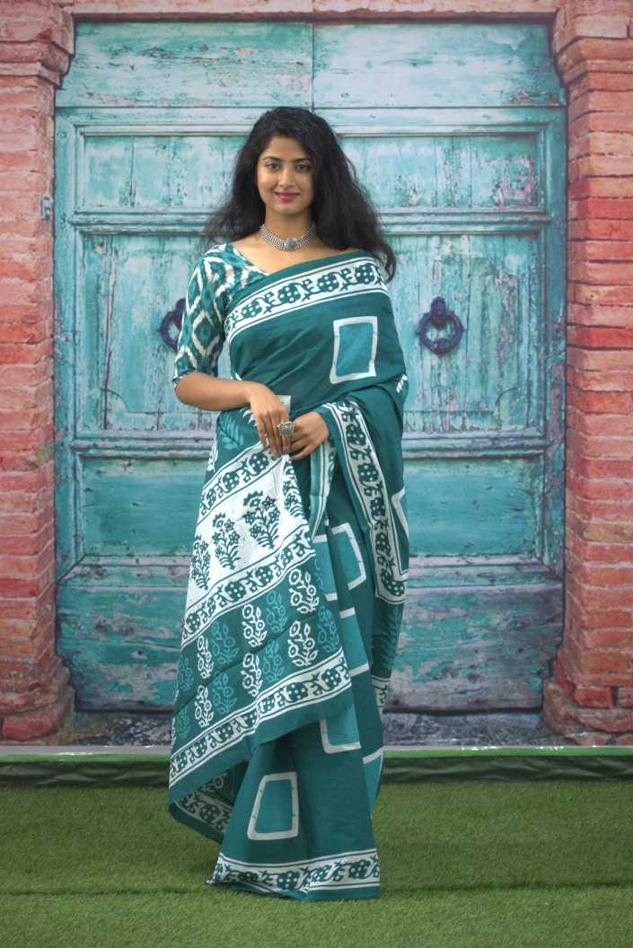 Printed Sea Green Dabu Print Cotton MulMul Saree