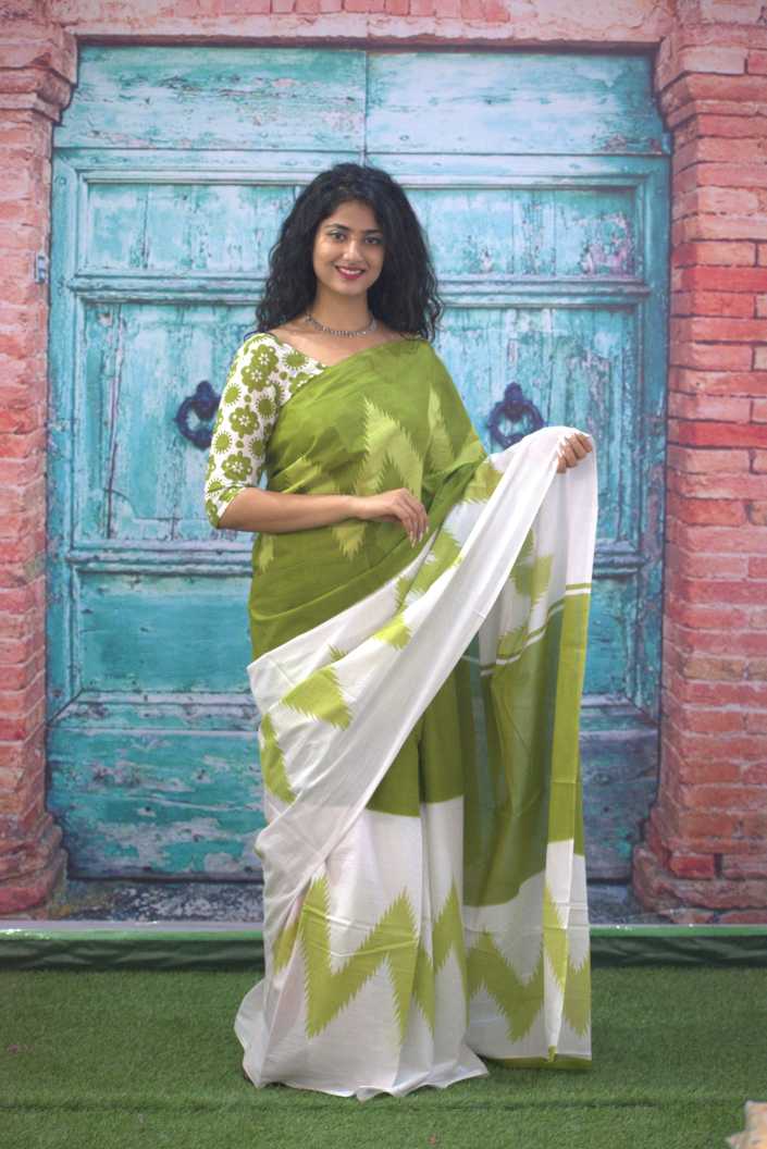 Printed Green Ikkat Print Cotton MulMul Saree
