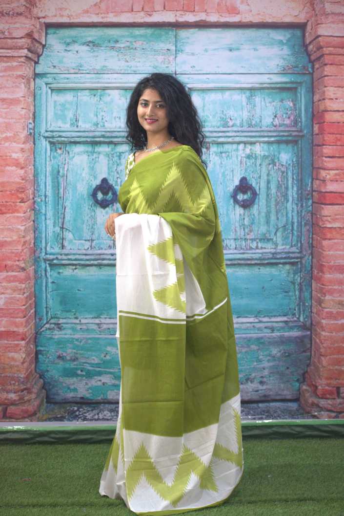Printed Green Ikkat Print Cotton MulMul Saree