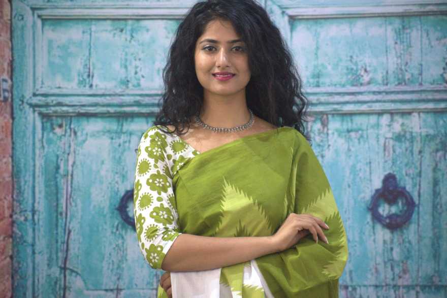 Printed Green Ikkat Print Cotton MulMul Saree