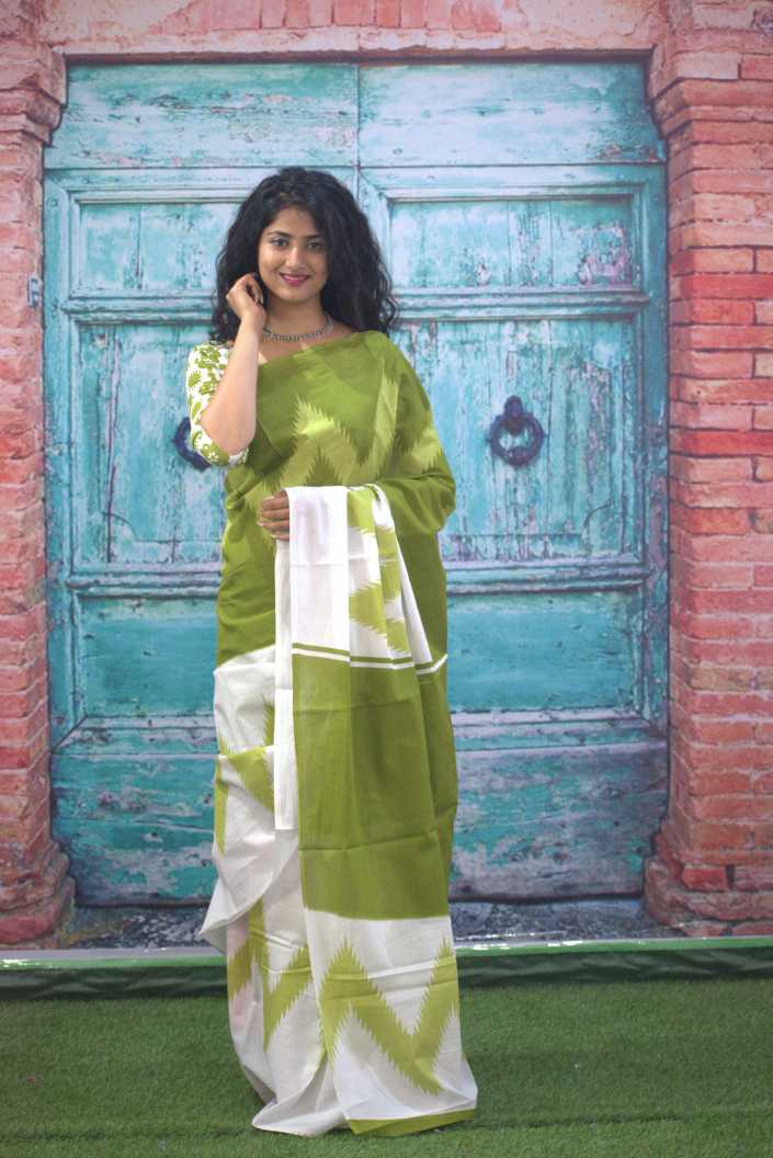 Printed Green Ikkat Print Cotton MulMul Saree