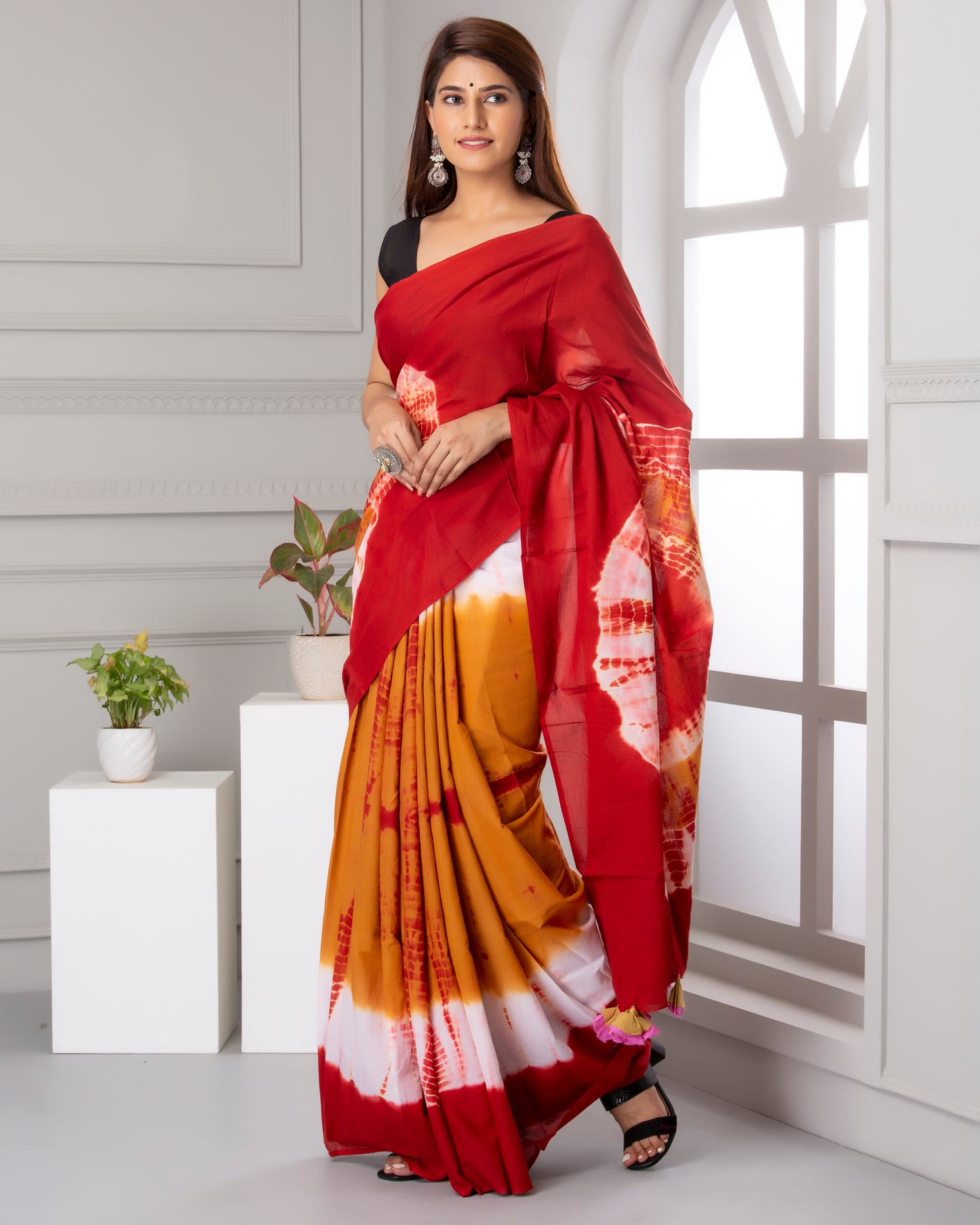 Printed Red Shibori Print Cotton MulMul Saree